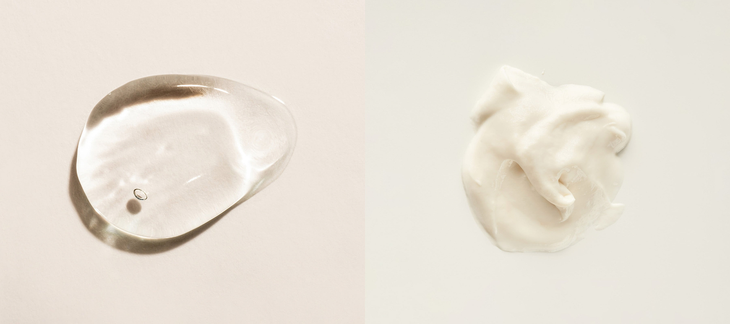Clear serum and white cream samples displayed side by side on a neutral background.