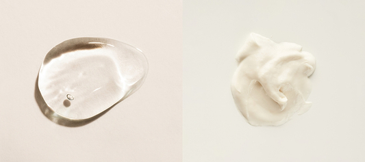 Clear serum and white cream samples displayed side by side on a neutral background.