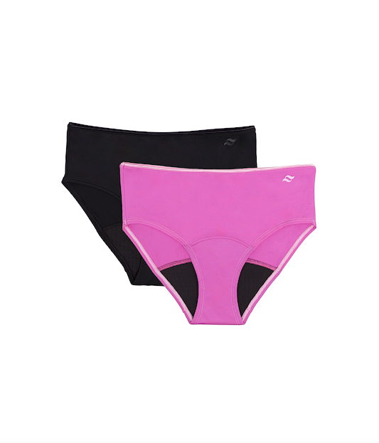 Two pairs of underwear, one black and one pink, on a white background.