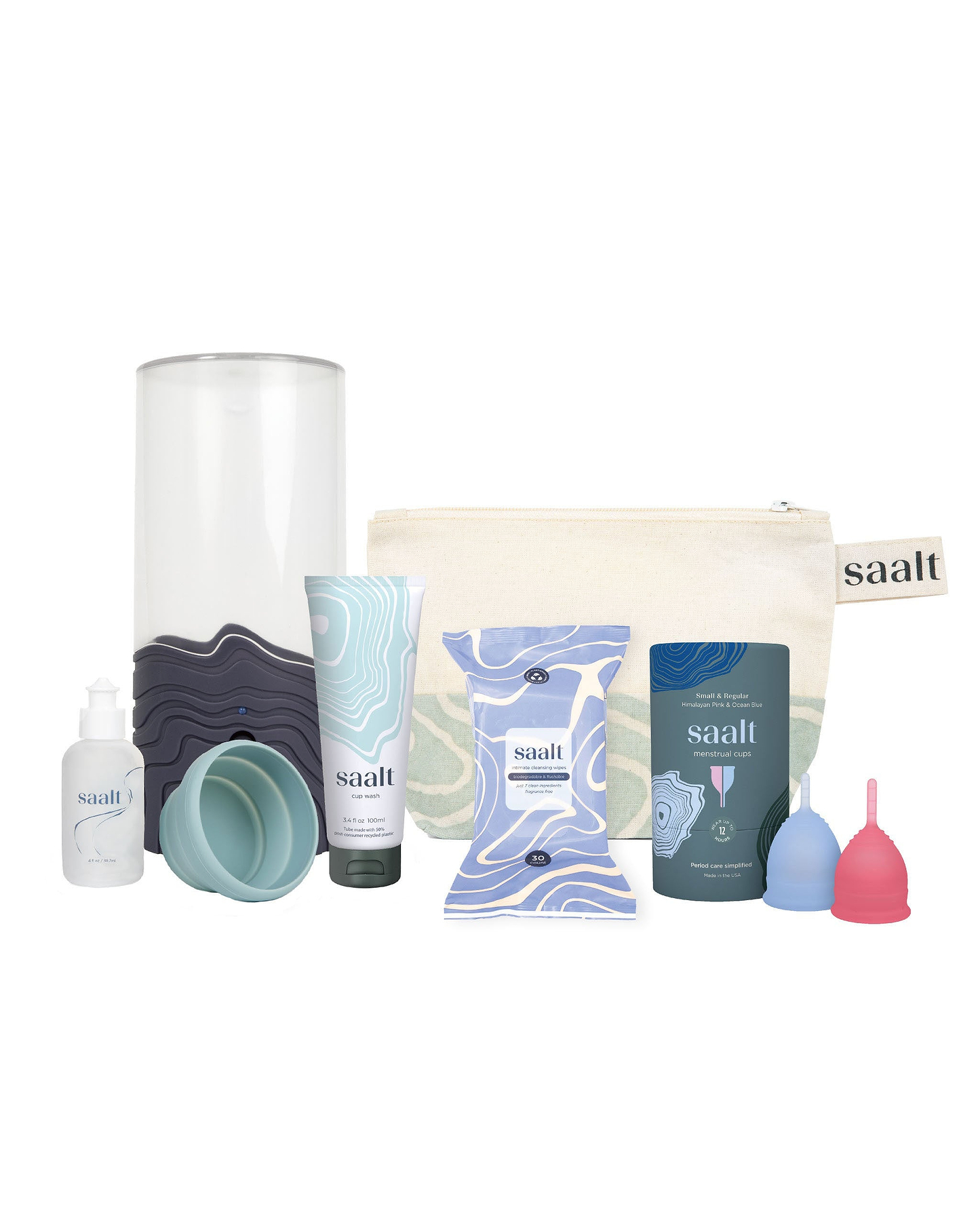 Collection of saalt products including bottles, containers, and a pouch on a white background