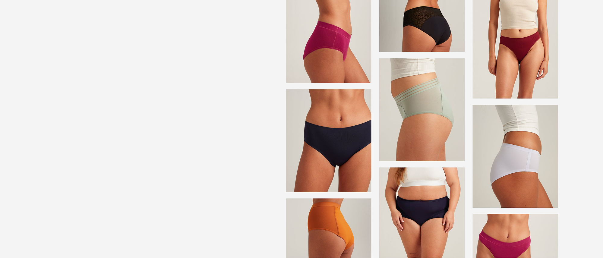 A promotional graphic with a light gray background on the left and a collage on the right featuring diverse women modeling nine different styles, cuts, and colors of underwear, including high-waisted, briefs, and lace options in shades like pink, black, navy, green, maroon, white, and orange."