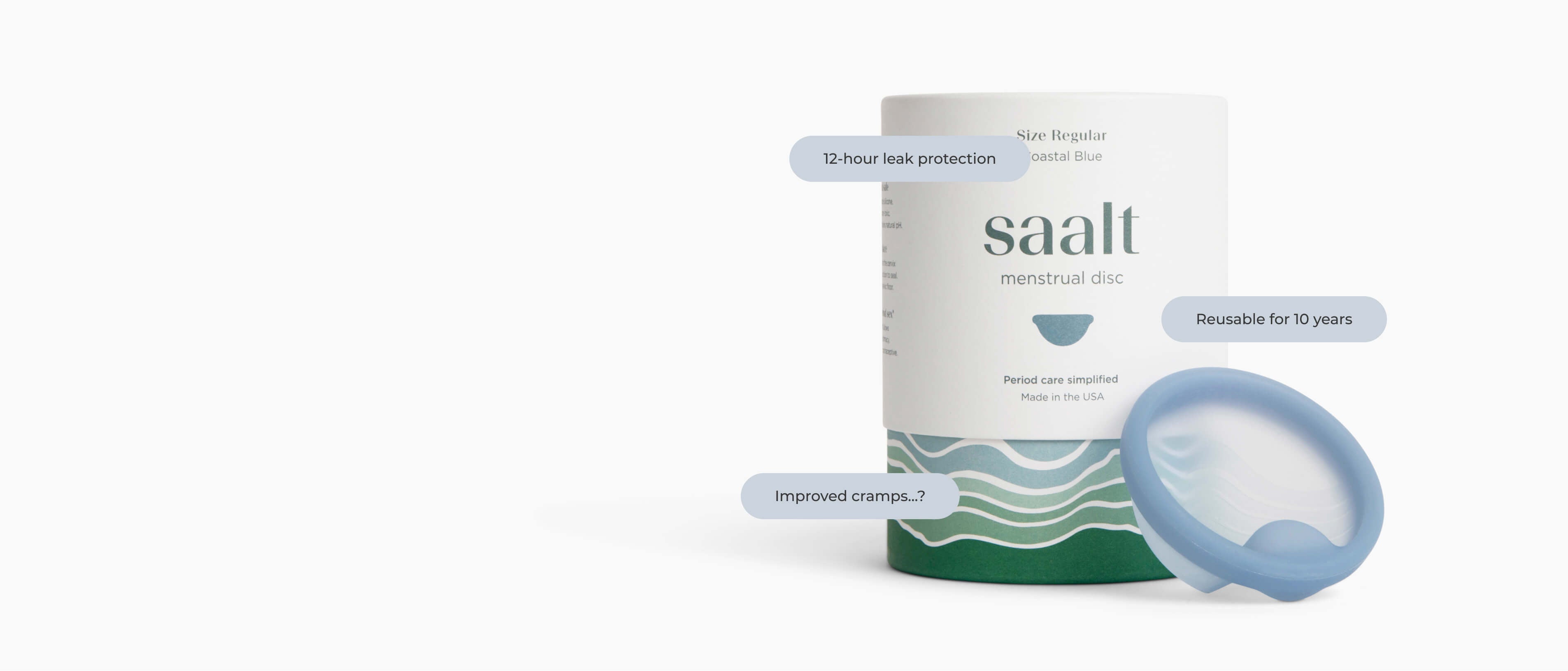 Saalt reusable menstrual disc in Coastal Blue with packaging, featuring 12-hour leak protection and up to 10 years of reusable period care.