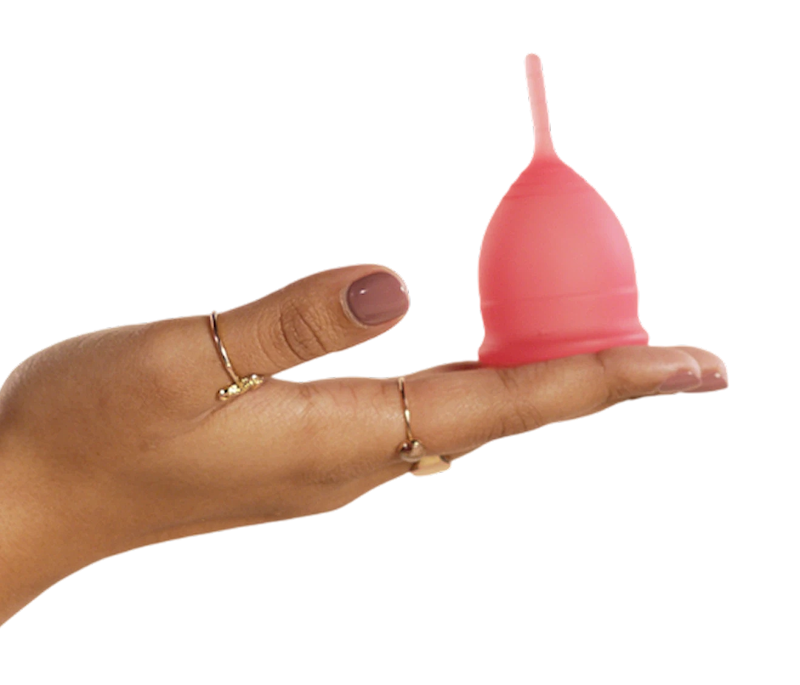 A close-up of a hand wearing gold rings, balancing a pink menstrual cup gently on its fingers against a solid white background. The cup is positioned upright, displaying its ribbed base and a flexible pull stem at the top.