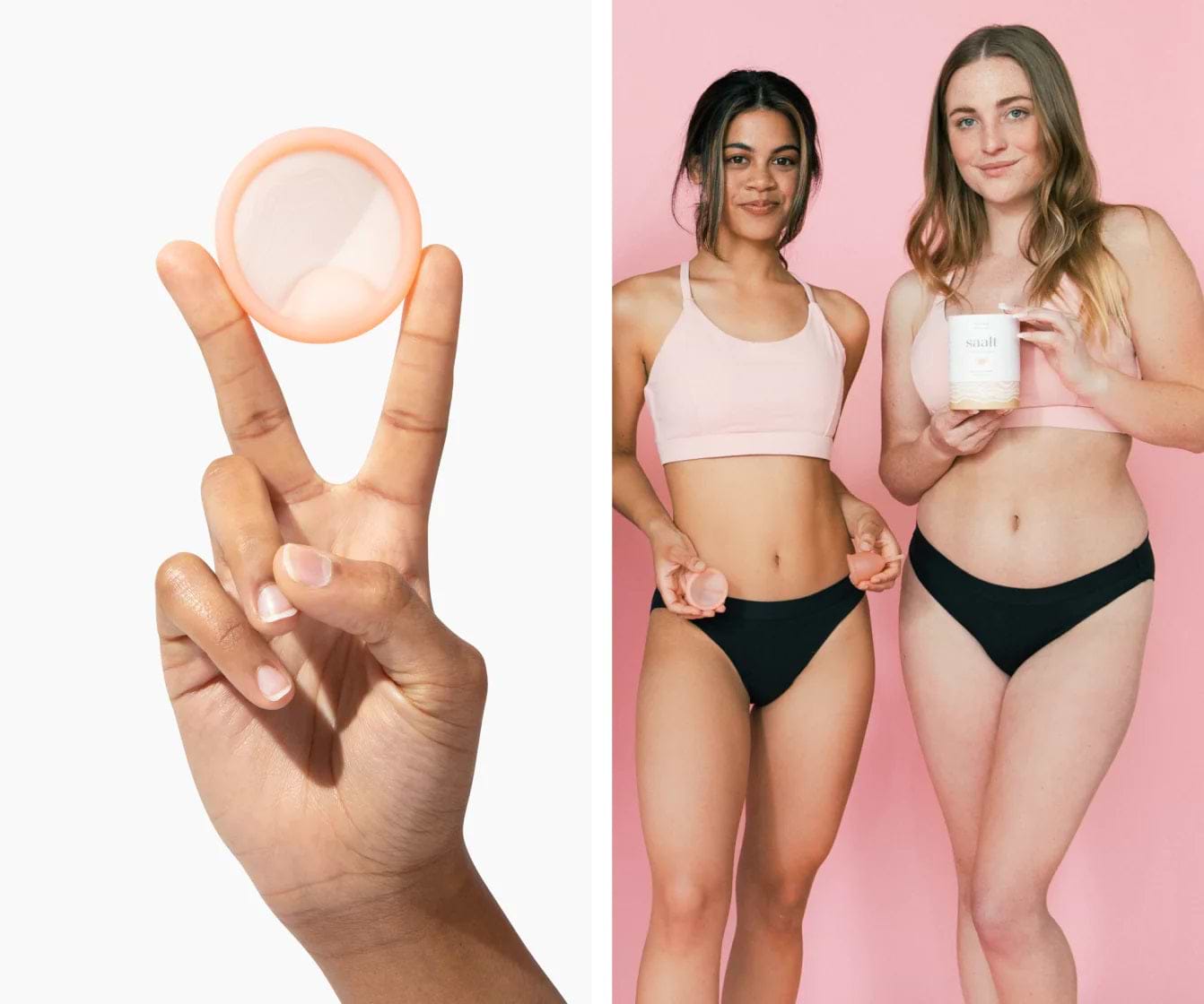 Hand holding saalt disc and two females wearing pink tops with black bottoms holding saalt disc package