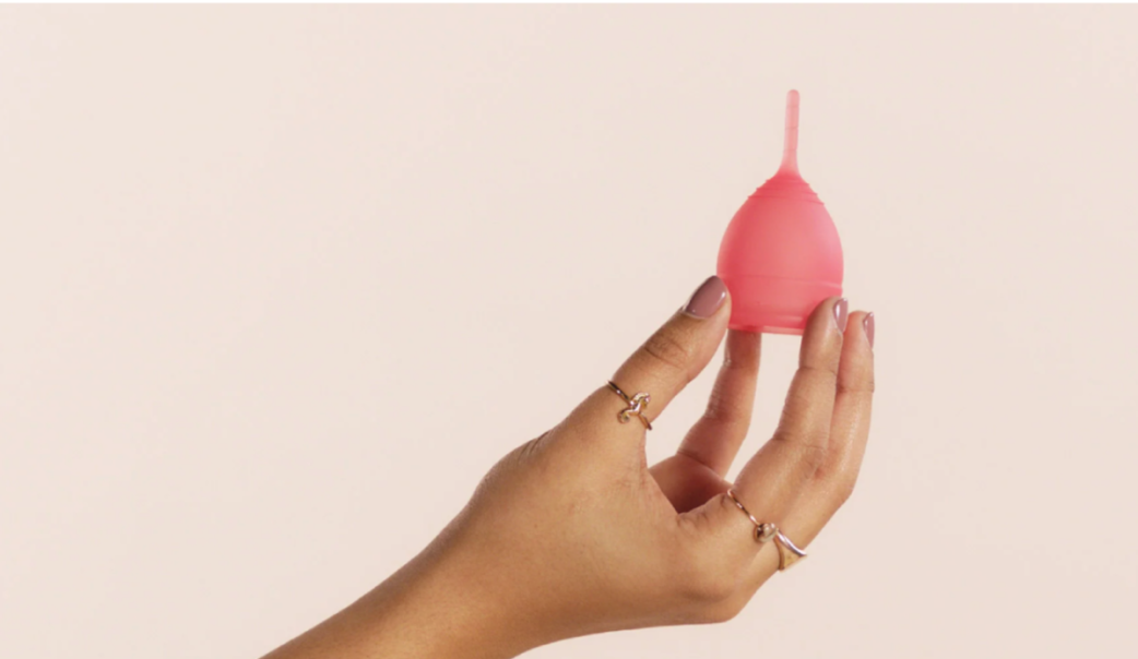 Female hand holding pink/reddish saalt cup upright