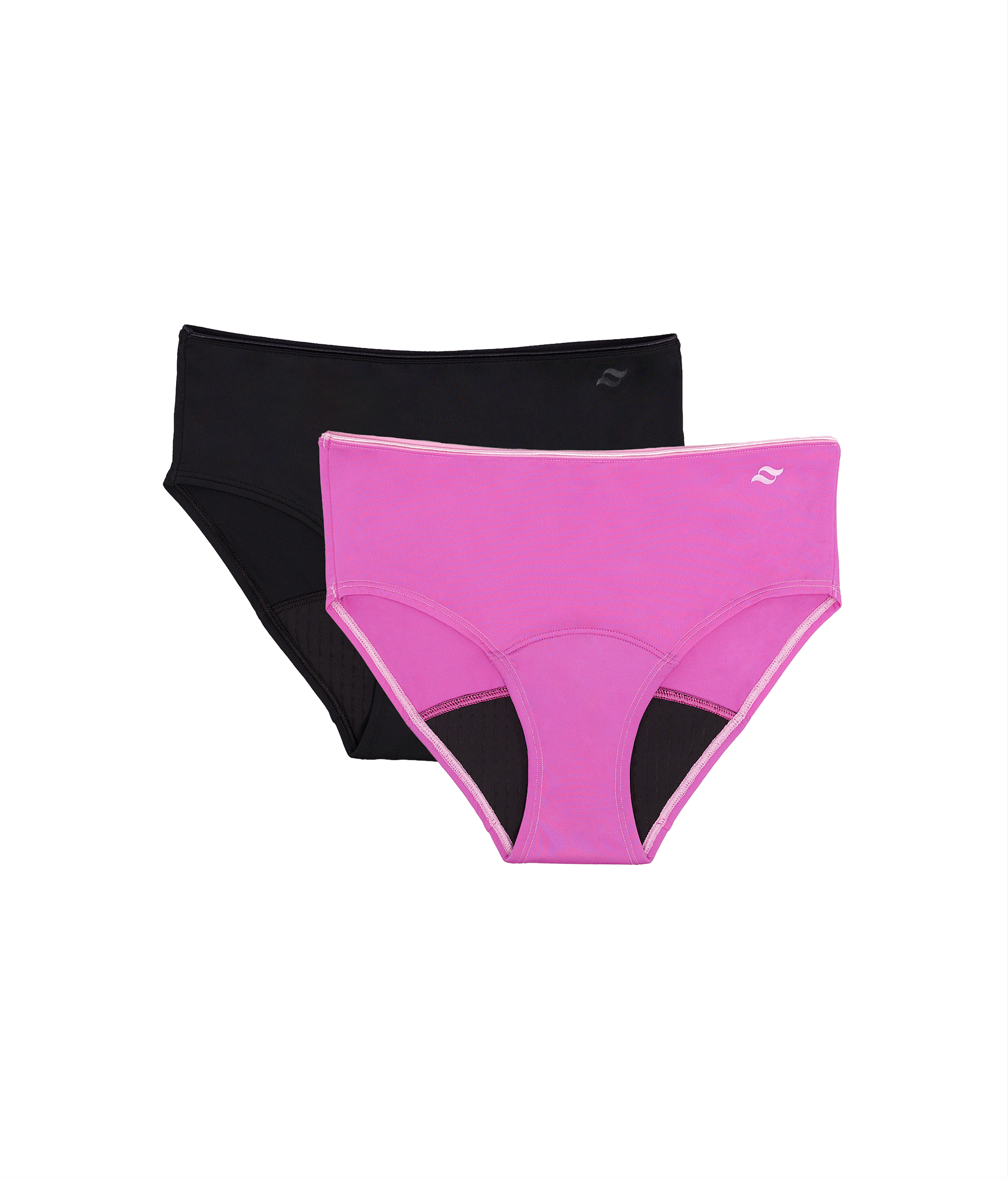 Two pairs of underwear, one black and one pink, on a white background.