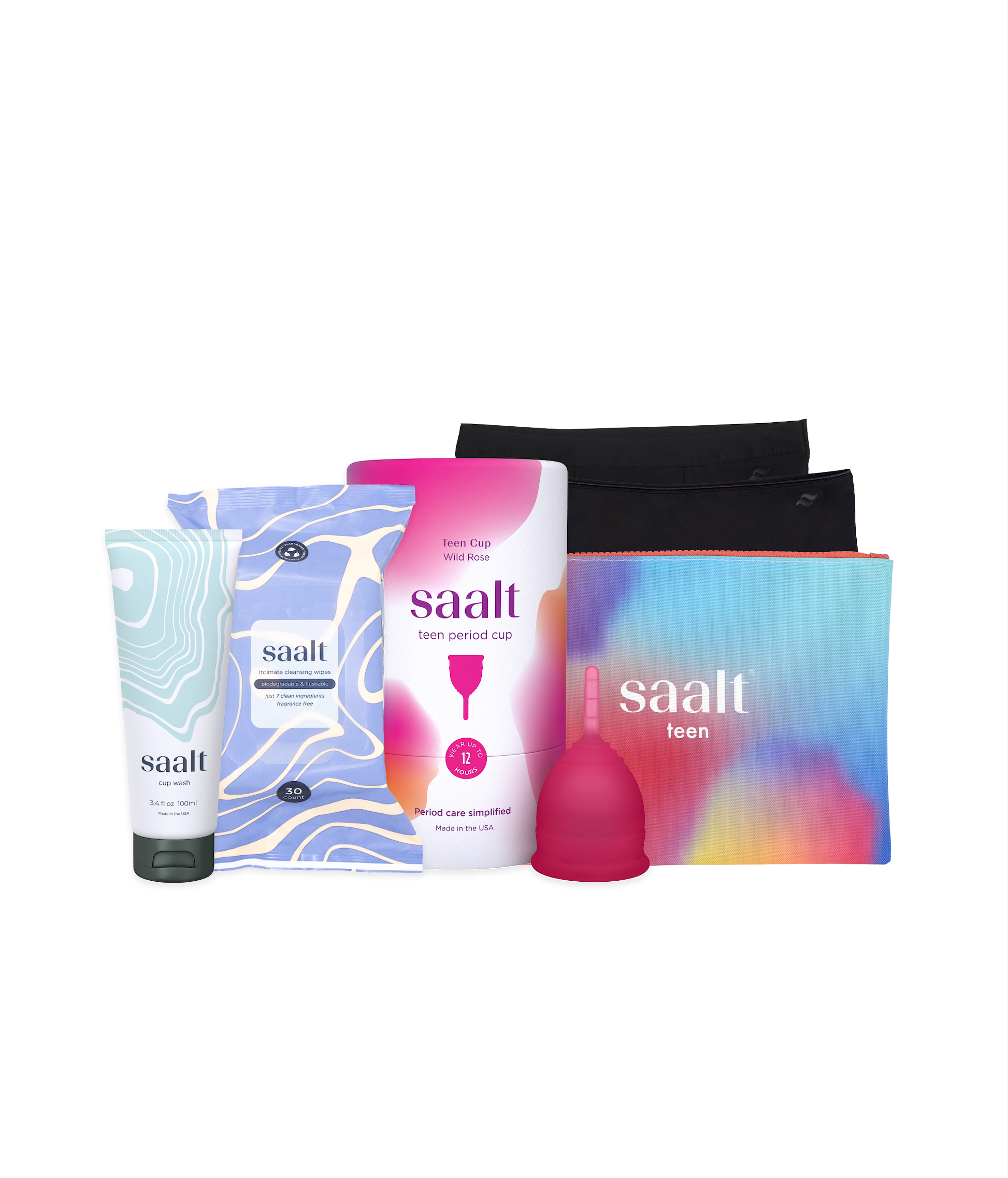 Collection of Saalt products including a tube, packaging, and a pink device on a white background.