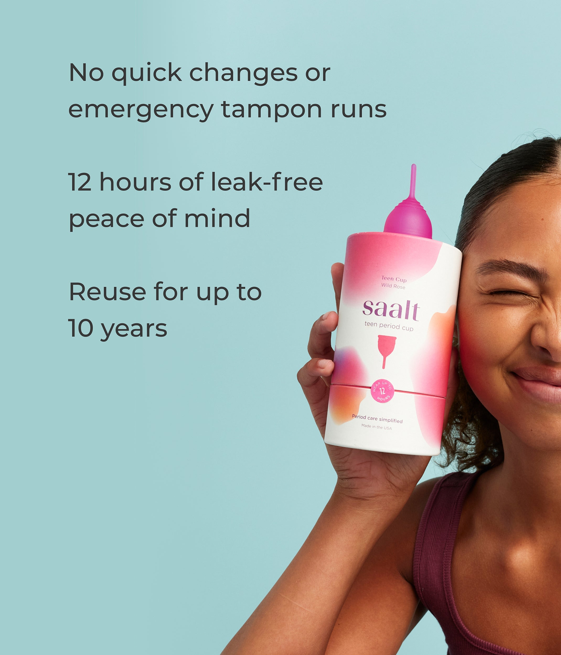 Woman holding a saalt product with text about its features on a light blue background