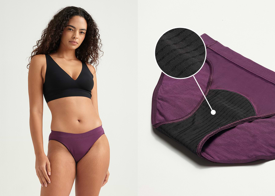 Split image showing a woman wearing Saalt Wear leakproof underwear in Deep Plum on the left, and a close-up of the underwear’s interior gusset on the right, highlighting the patented black gusset technology designed to keep you dry and comfortable.