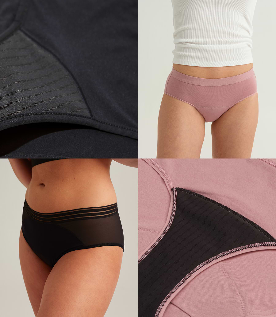 A collage showcasing various leakproof underwear styles and close-up shots of the gusset construction. The images feature different colors and fabrics. Some photos highlight the exterior fit on models, while others zoom in on the interior gusset design, showing the textured, absorbent layers. The overall theme emphasizes the patented gusset technology and the variety of styles offered.