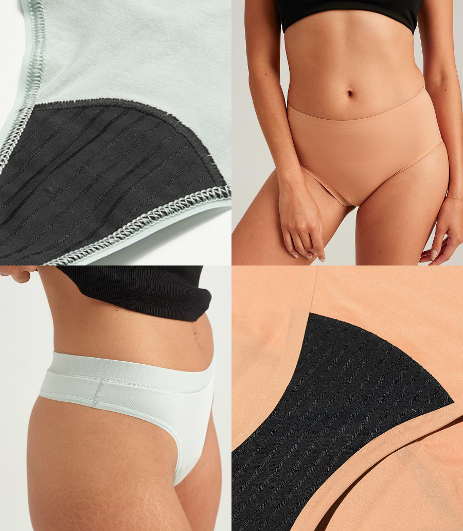 A collage showcasing various leakproof underwear styles and close-up shots of the gusset construction. The images feature different colors and fabrics. Some photos highlight the exterior fit on models, while others zoom in on the interior gusset design, showing the textured, absorbent layers. The overall theme emphasizes the patented gusset technology and the variety of styles offered.