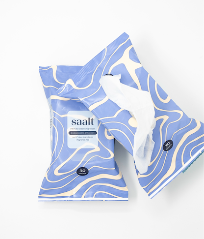 Packaged tissues with 'saalt' branding on a white background
