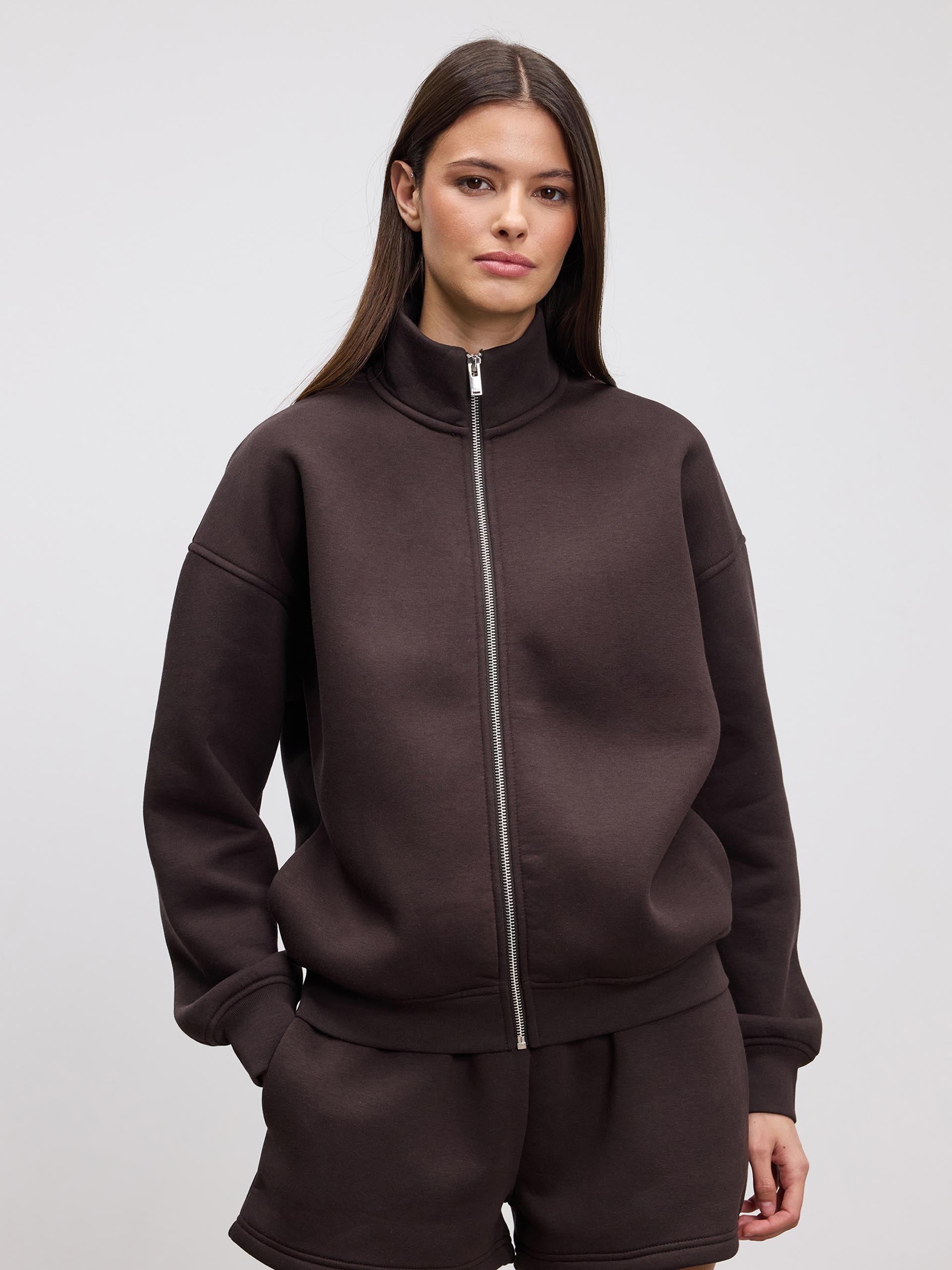 Womens Neoprene Funnel Neck Jacket in Brown
