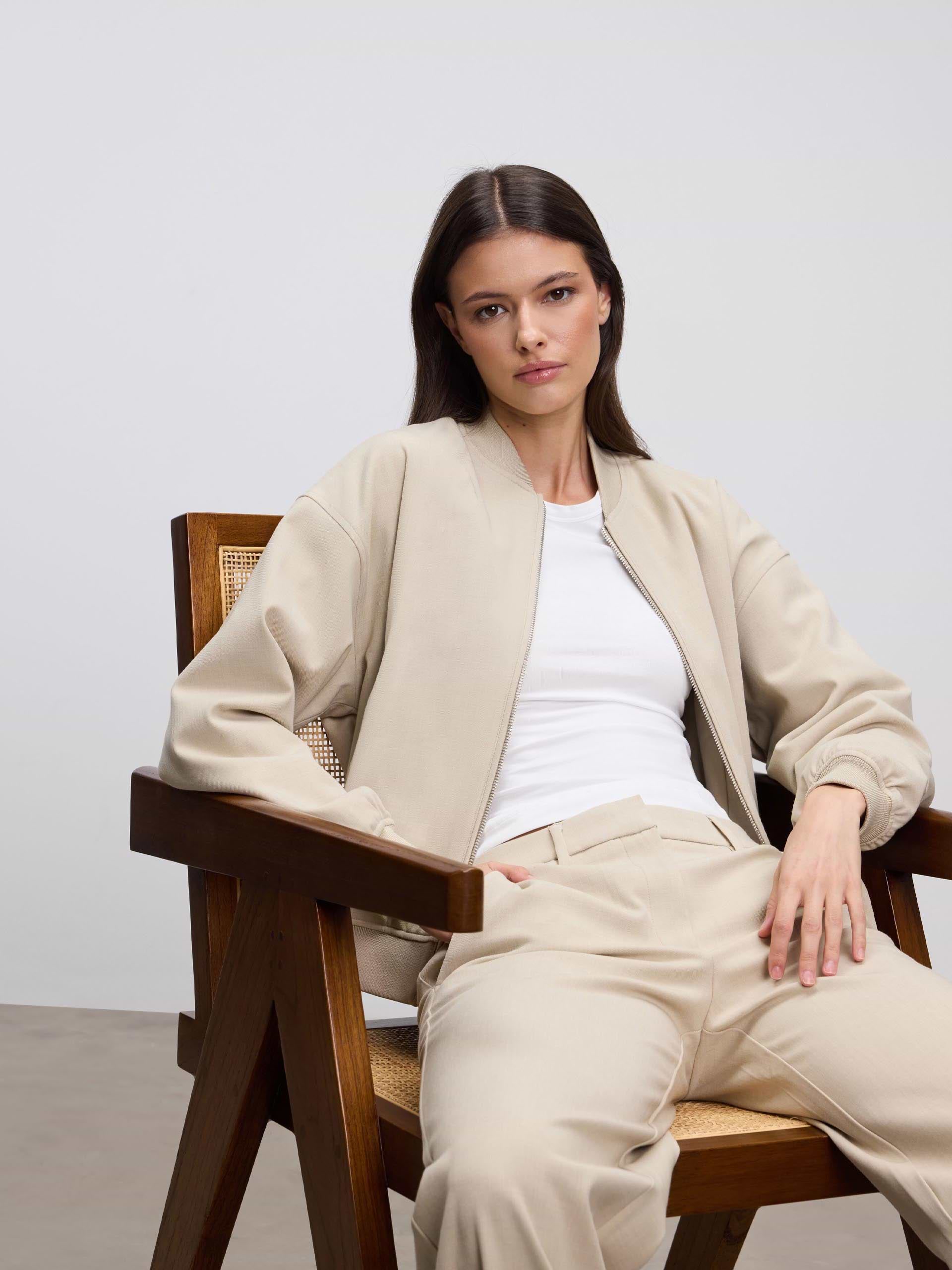 Womens Soft Knitted Bomber Jacket in Stone