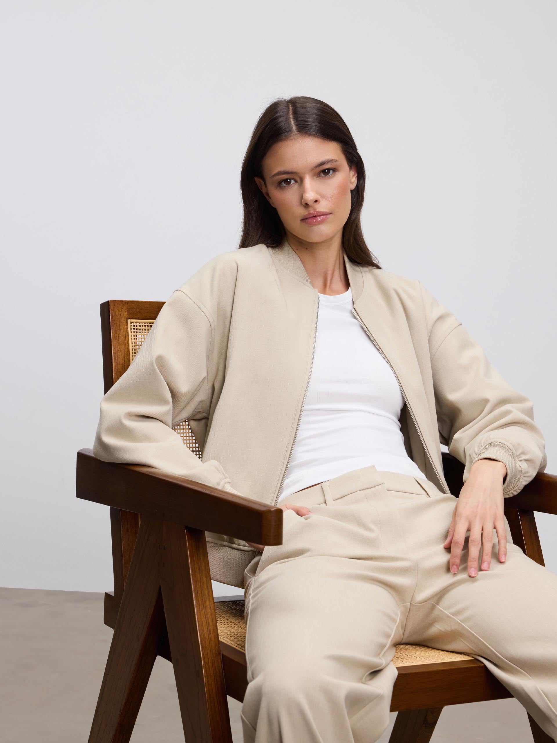 Womens Soft Knitted Bomber Jacket in Stone