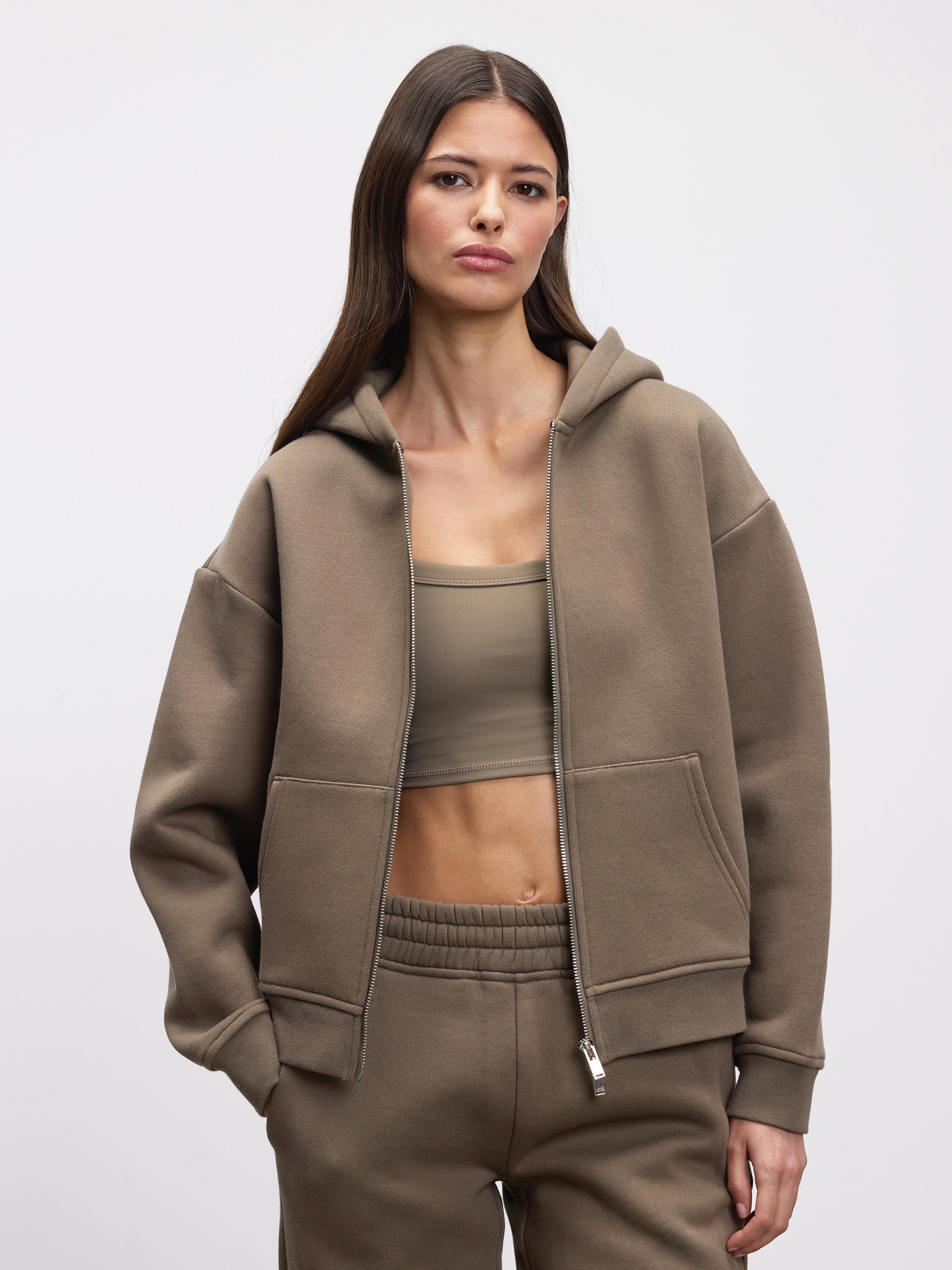 Womens Relaxed Zip Hoodie in Taupe
