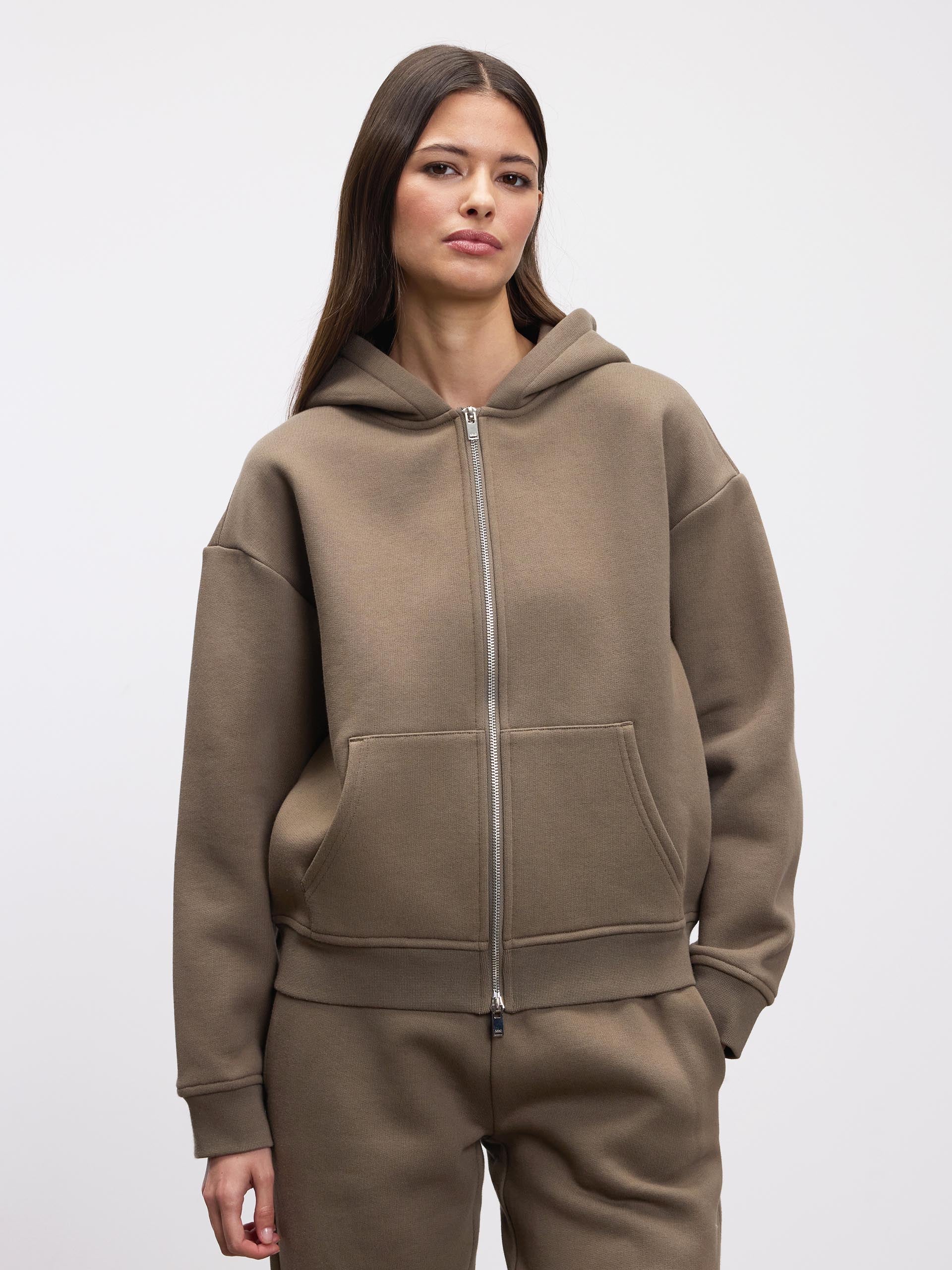 Womens Relaxed Zip Hoodie in Taupe