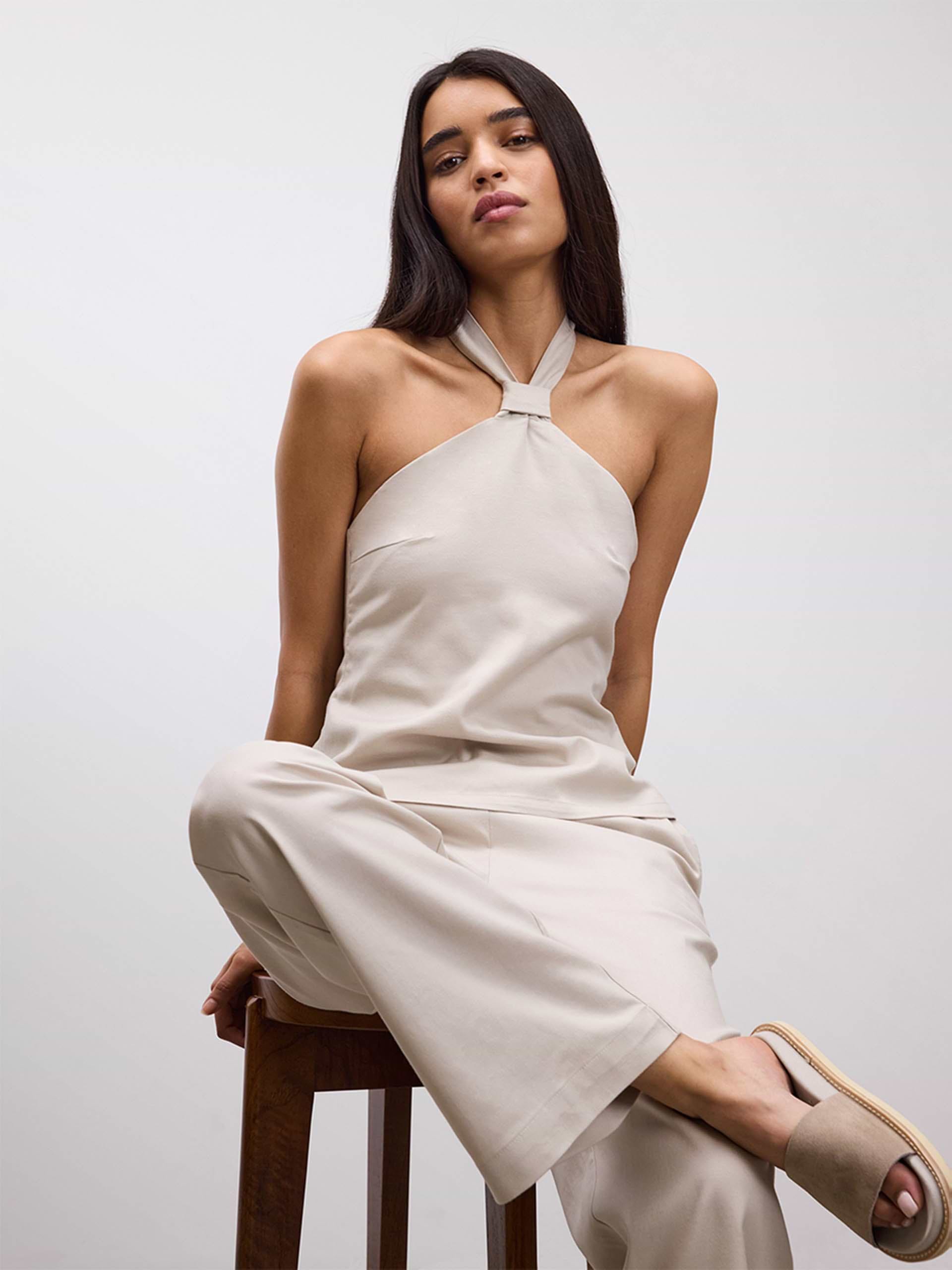Womens Linen Halter Top in Stone