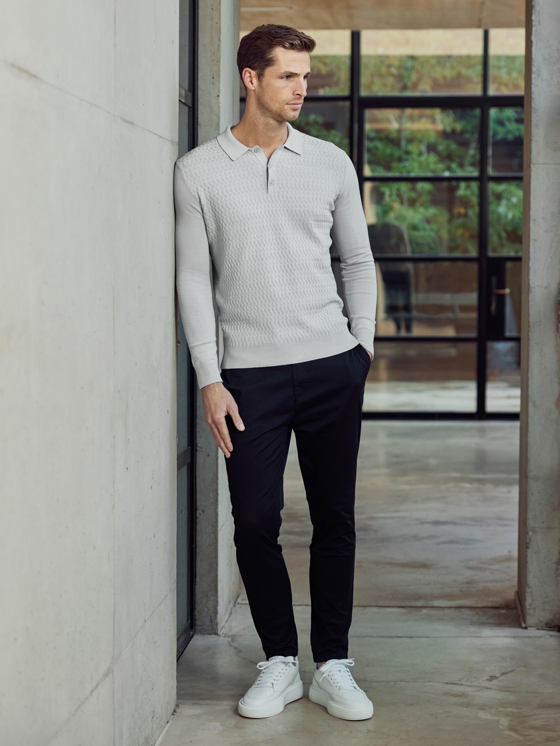 Cotton Knitted Long Sleeve Textured Polo Shirt in Mid Grey