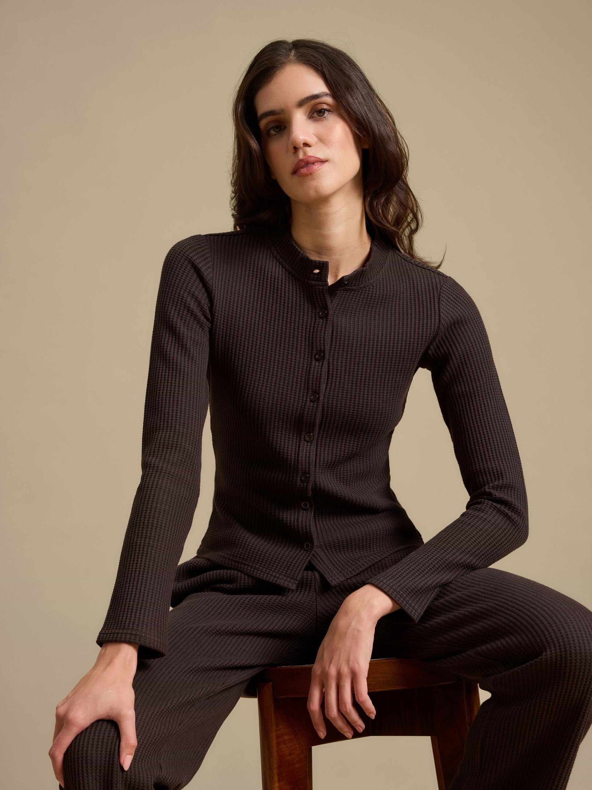 Womens Waffle Button Through Cardigan in Brown