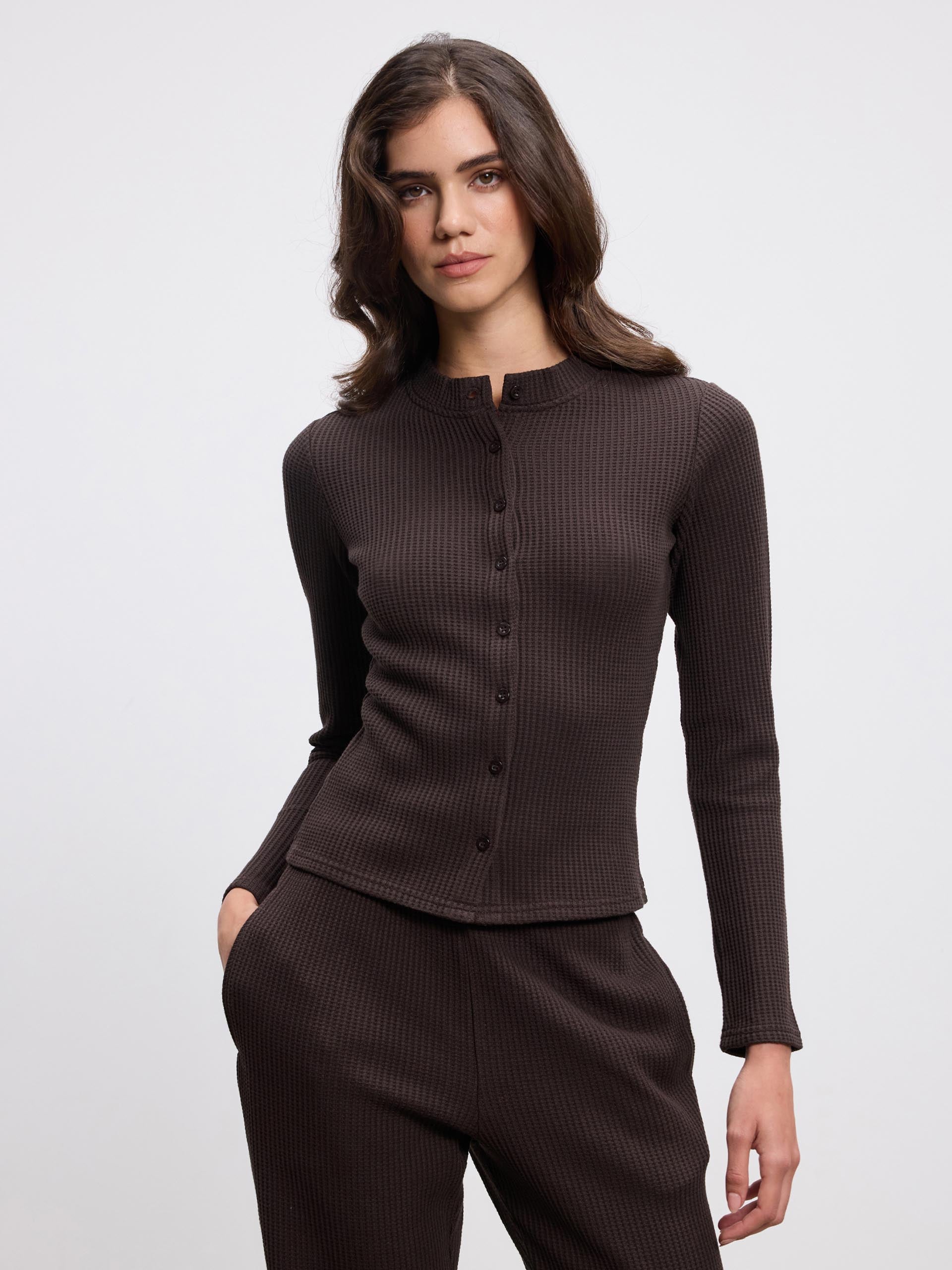 Womens Waffle Button Through Cardigan in Brown