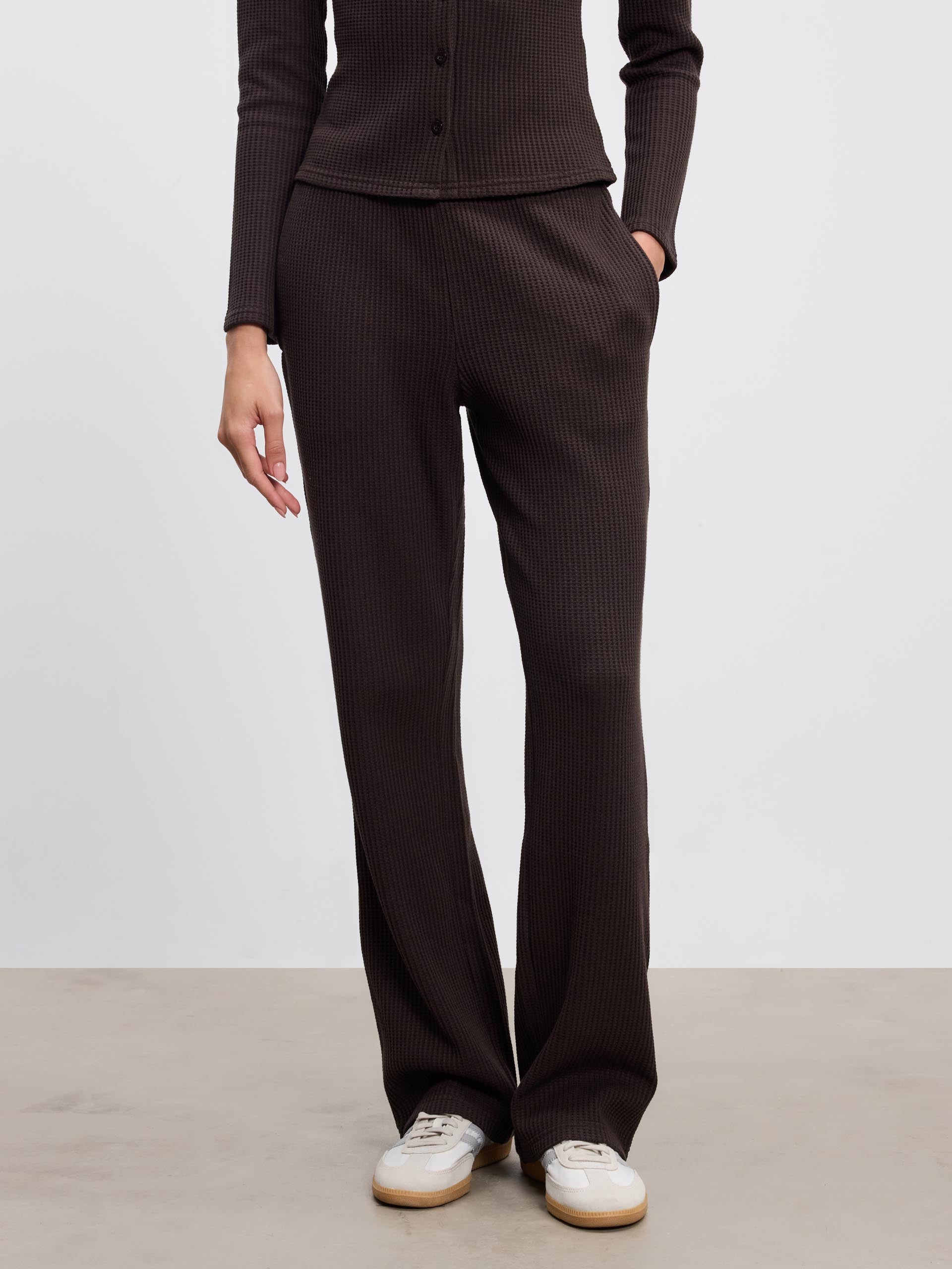 Womens Waffle Straight Leg Trouser in Brown