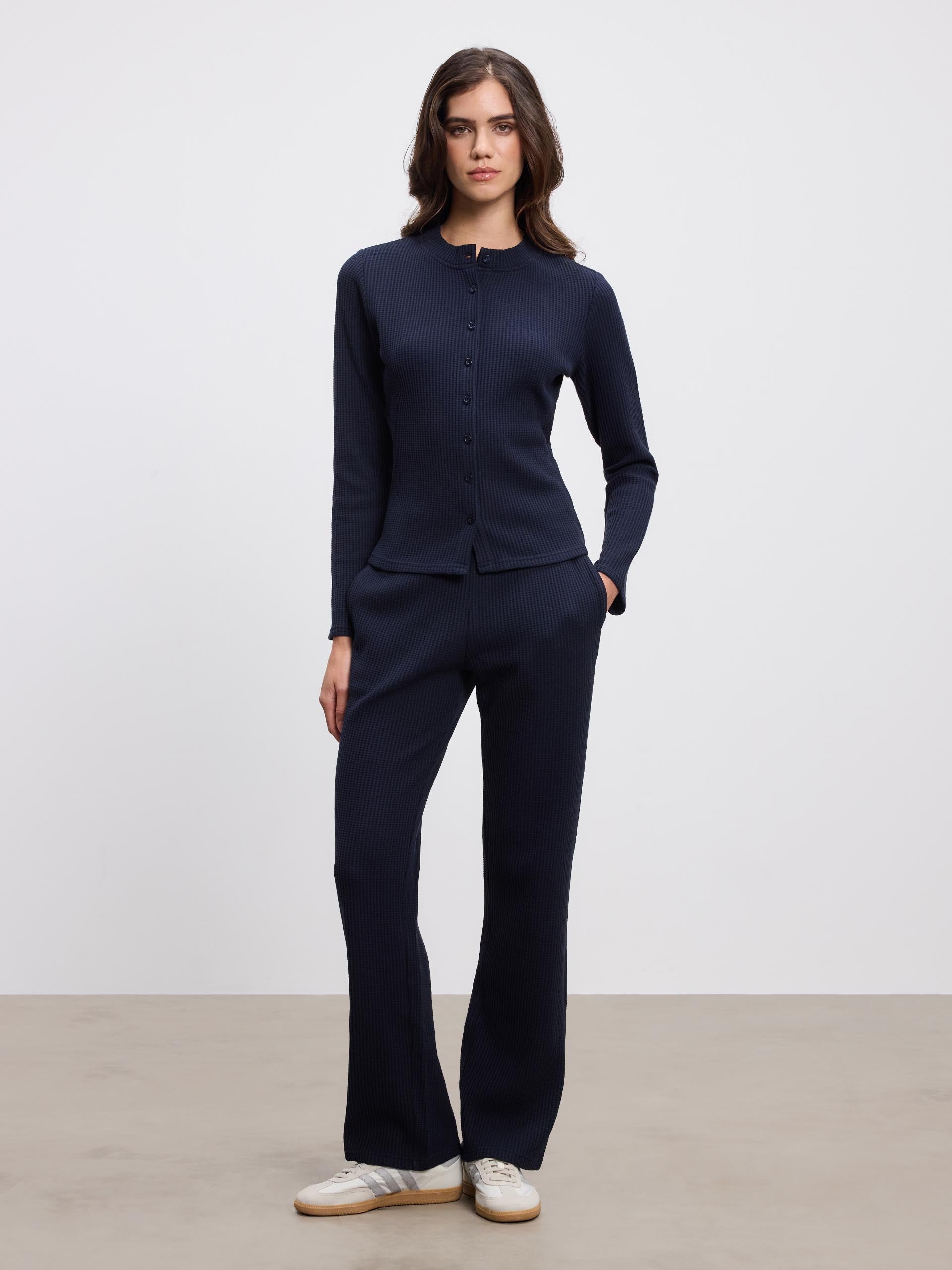 Womens Waffle Straight Leg Trouser in Navy