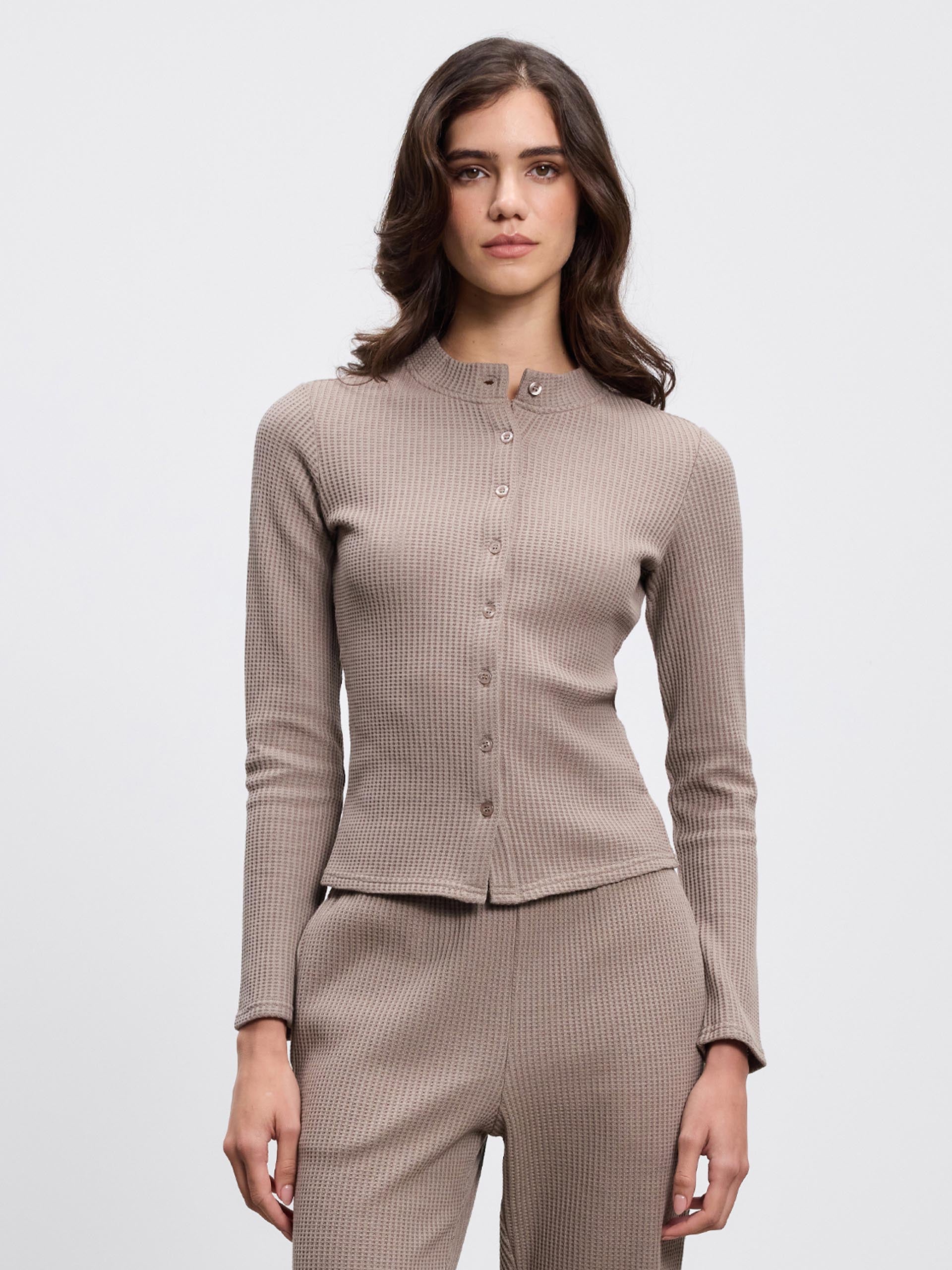 Womens Waffle Button Through Cardigan in Taupe