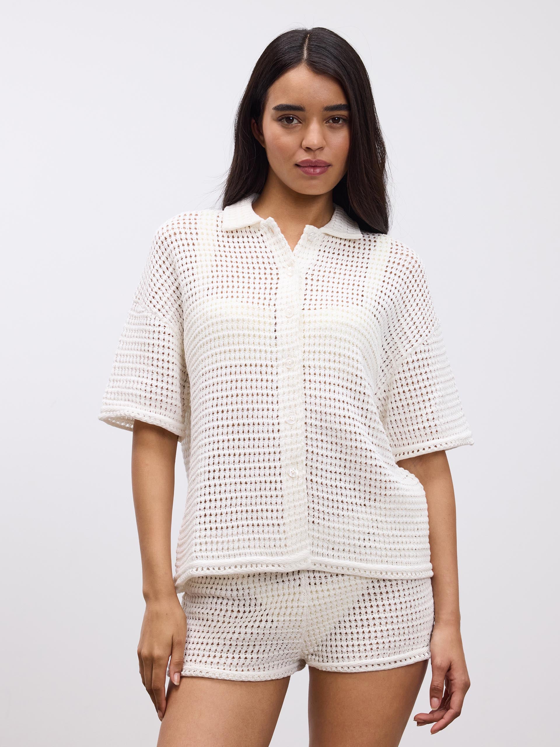 Womens Crochet Shirt in Ecru