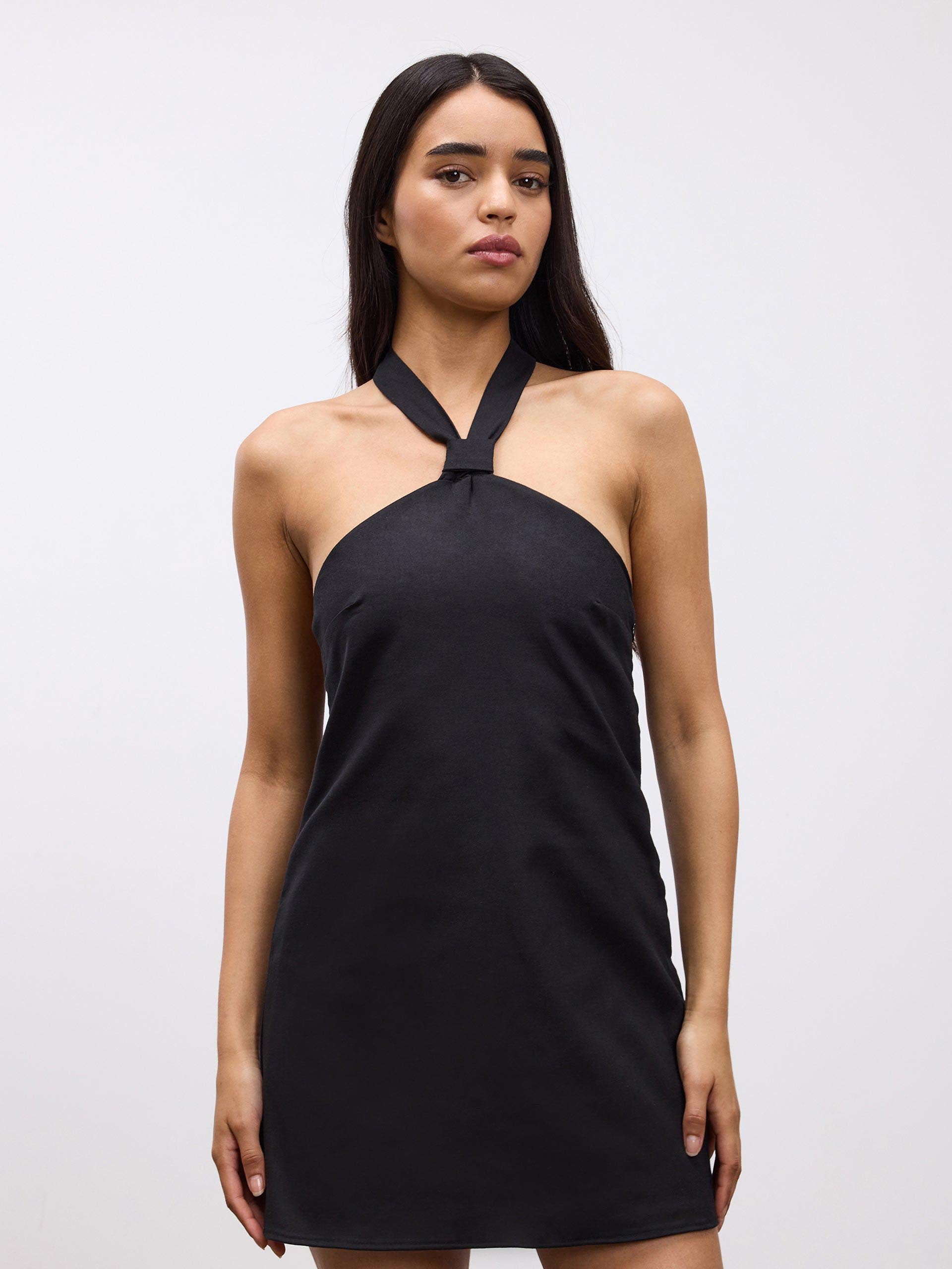 Womens Linen Halter Dress in Black | ARNE US