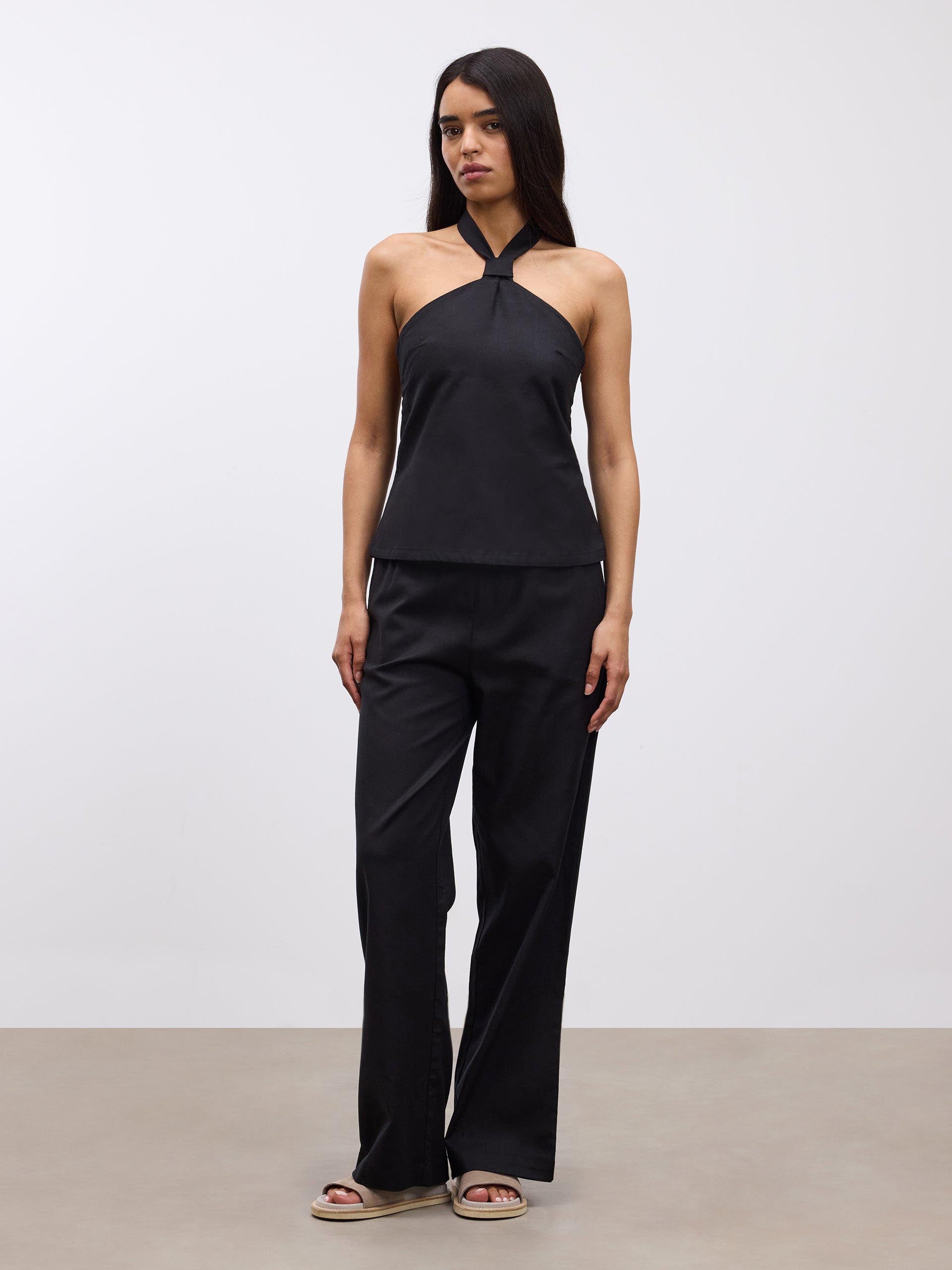 Womens Linen Halter Top in Black