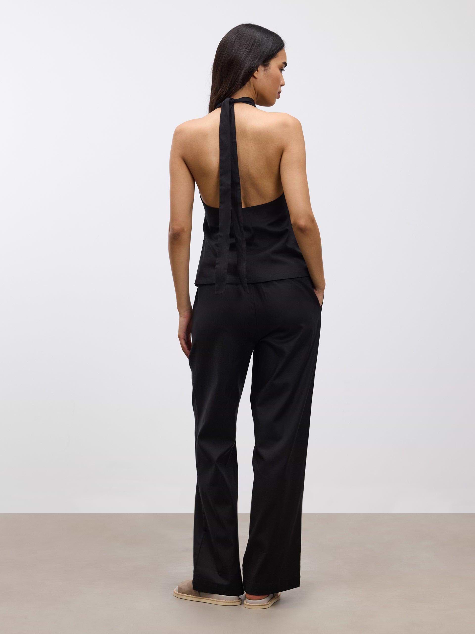 Womens Linen Halter Top in Black