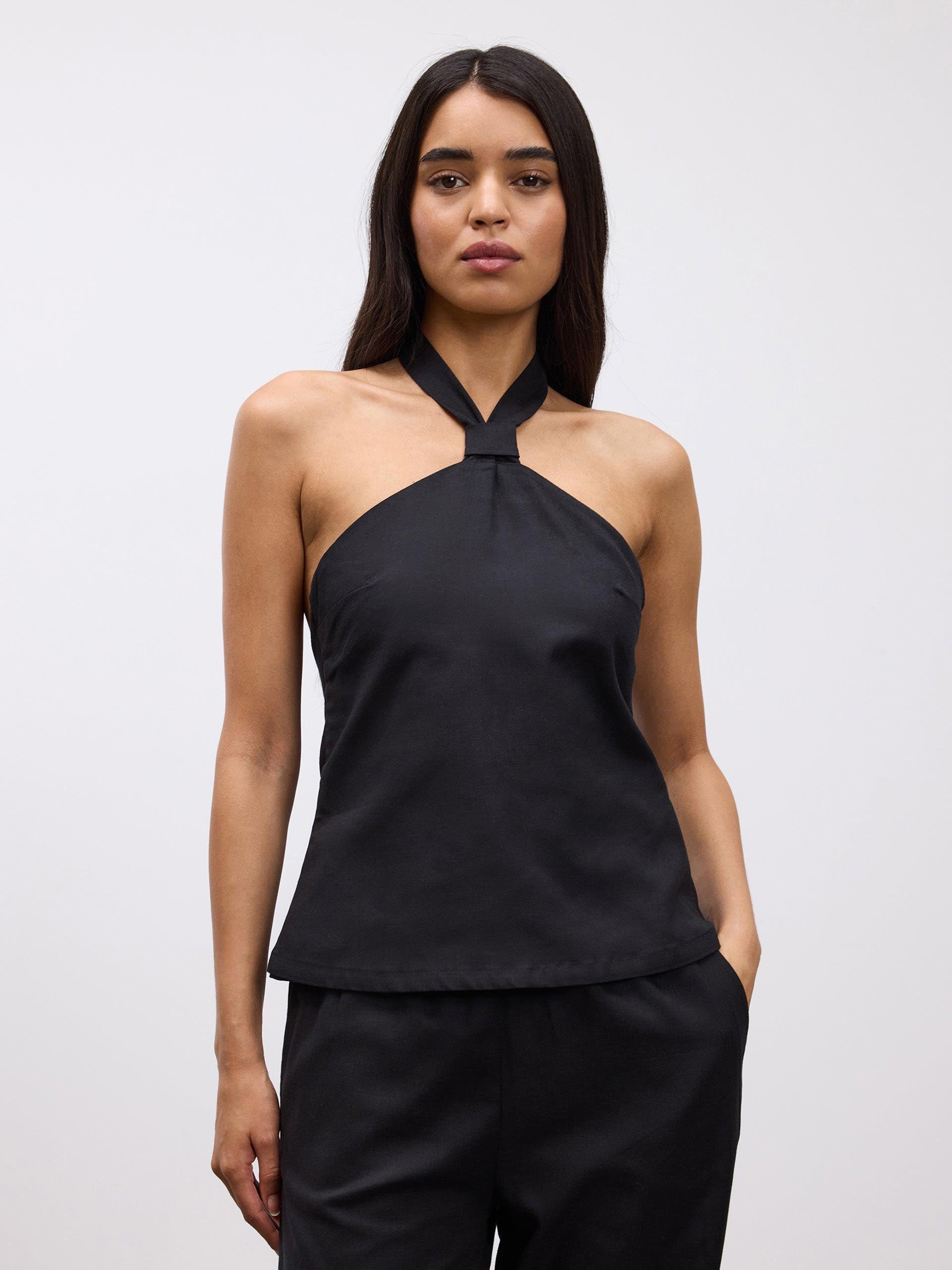 Womens Linen Halter Top in Black