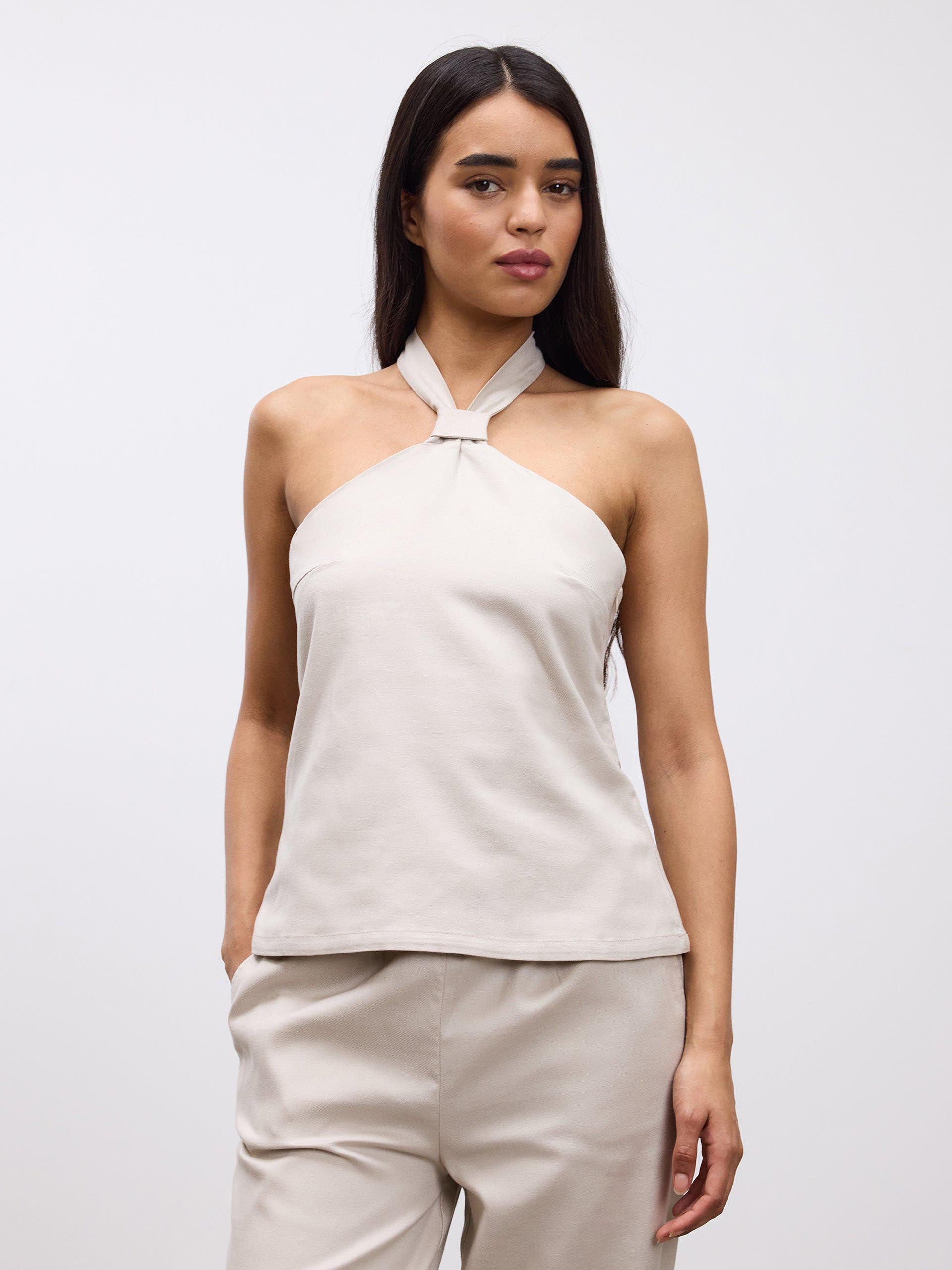 Womens Linen Halter Top in Stone
