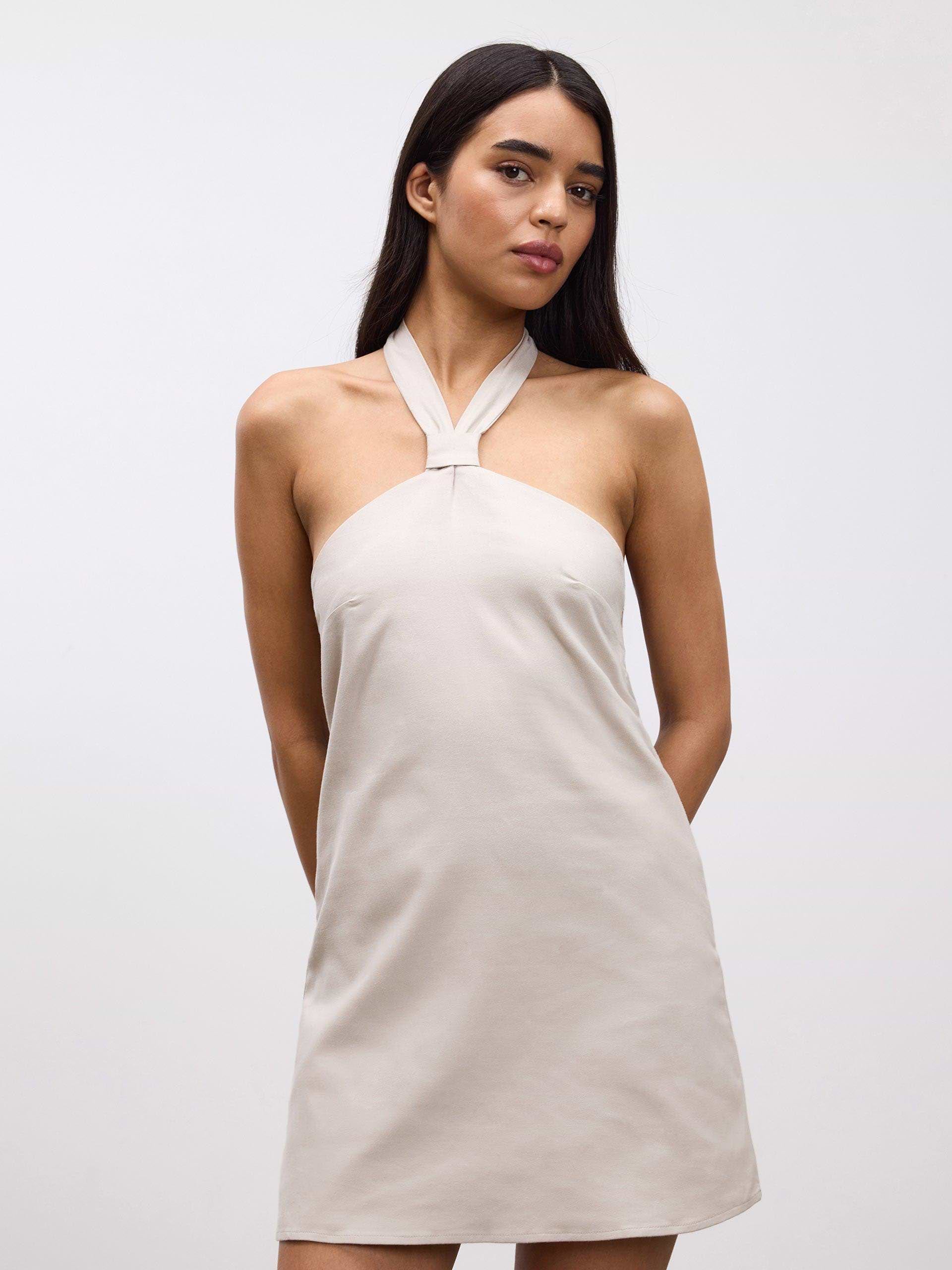 Womens Linen Halter Dress in Stone