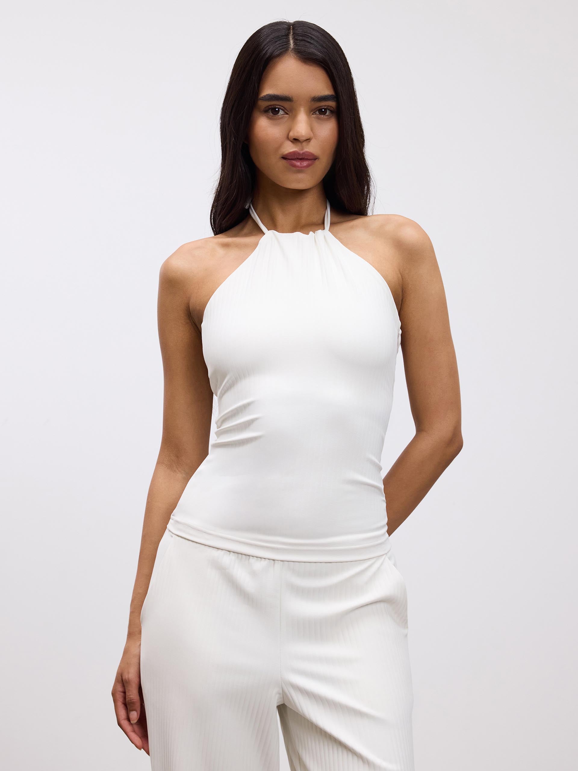 Womens Pleated Halter Top in Ecru