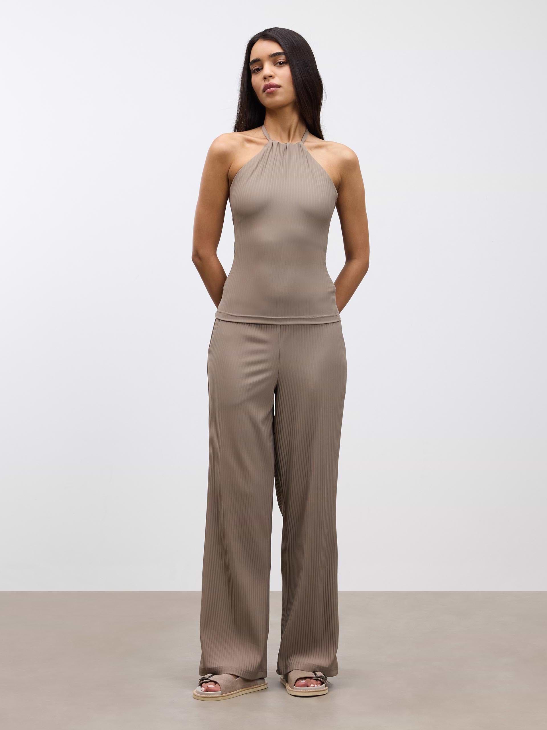 Womens Pleated Halter Top in Taupe