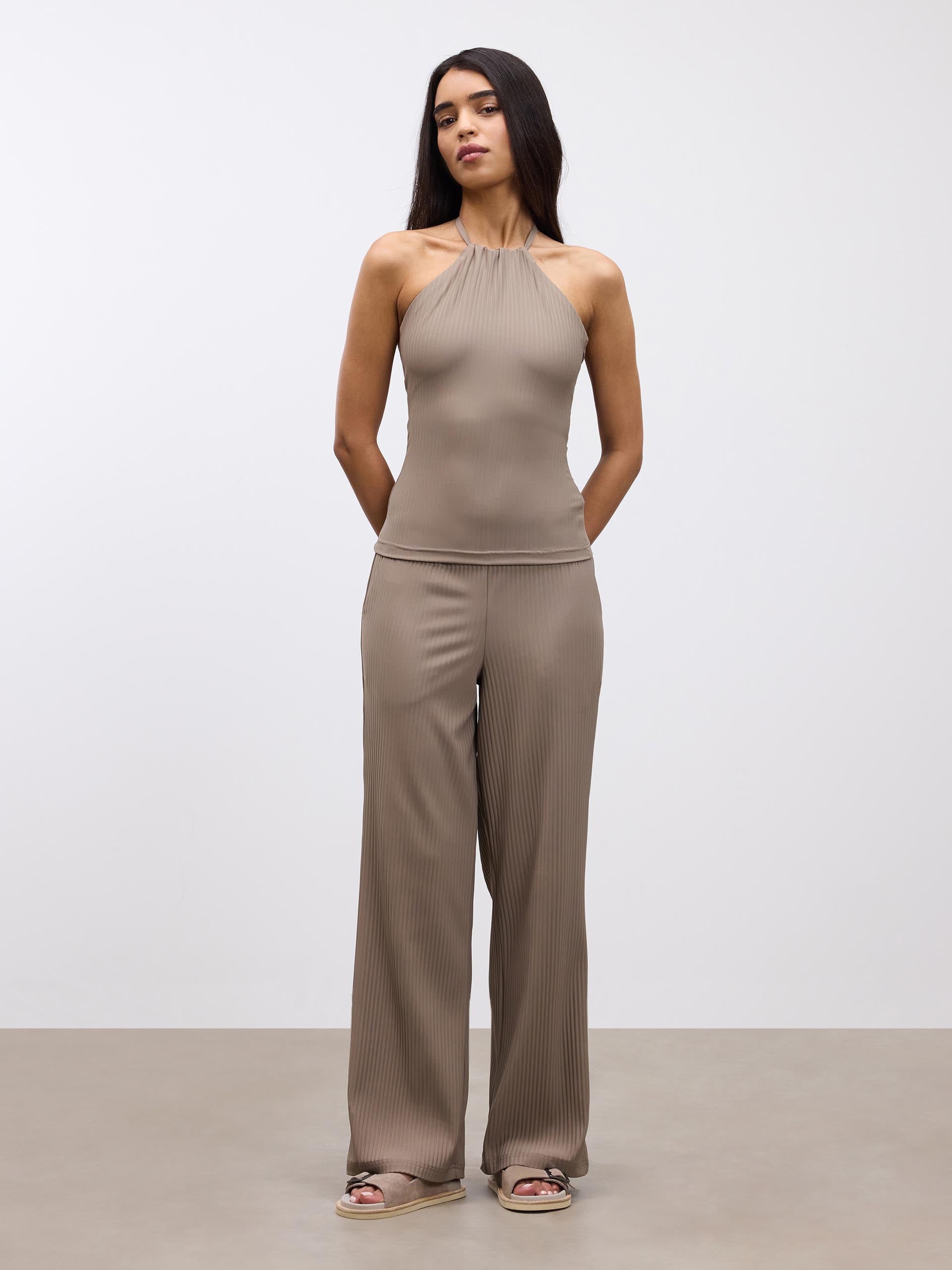 Womens Pleated Halter Top in Taupe