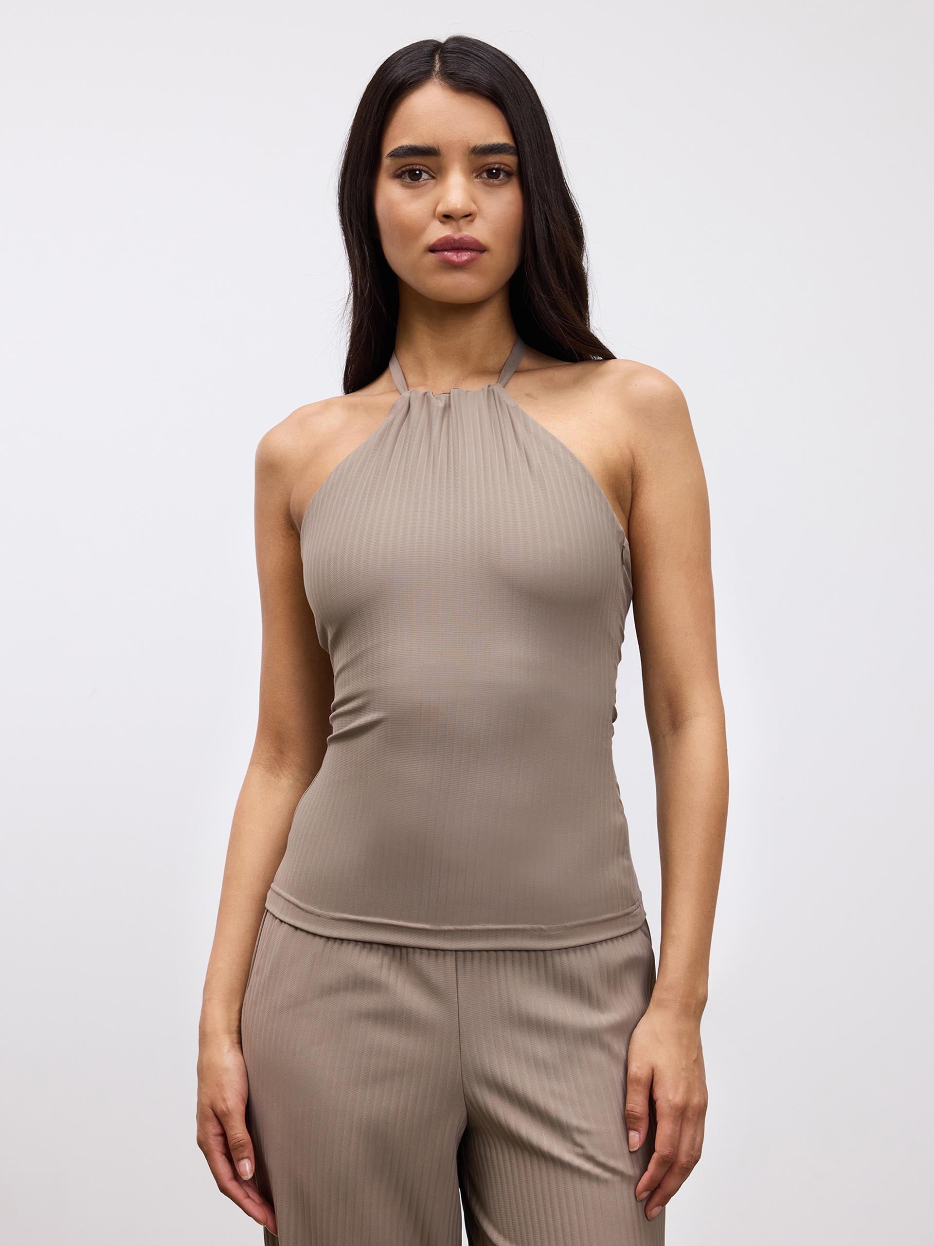 Womens Pleated Halter Top in Taupe