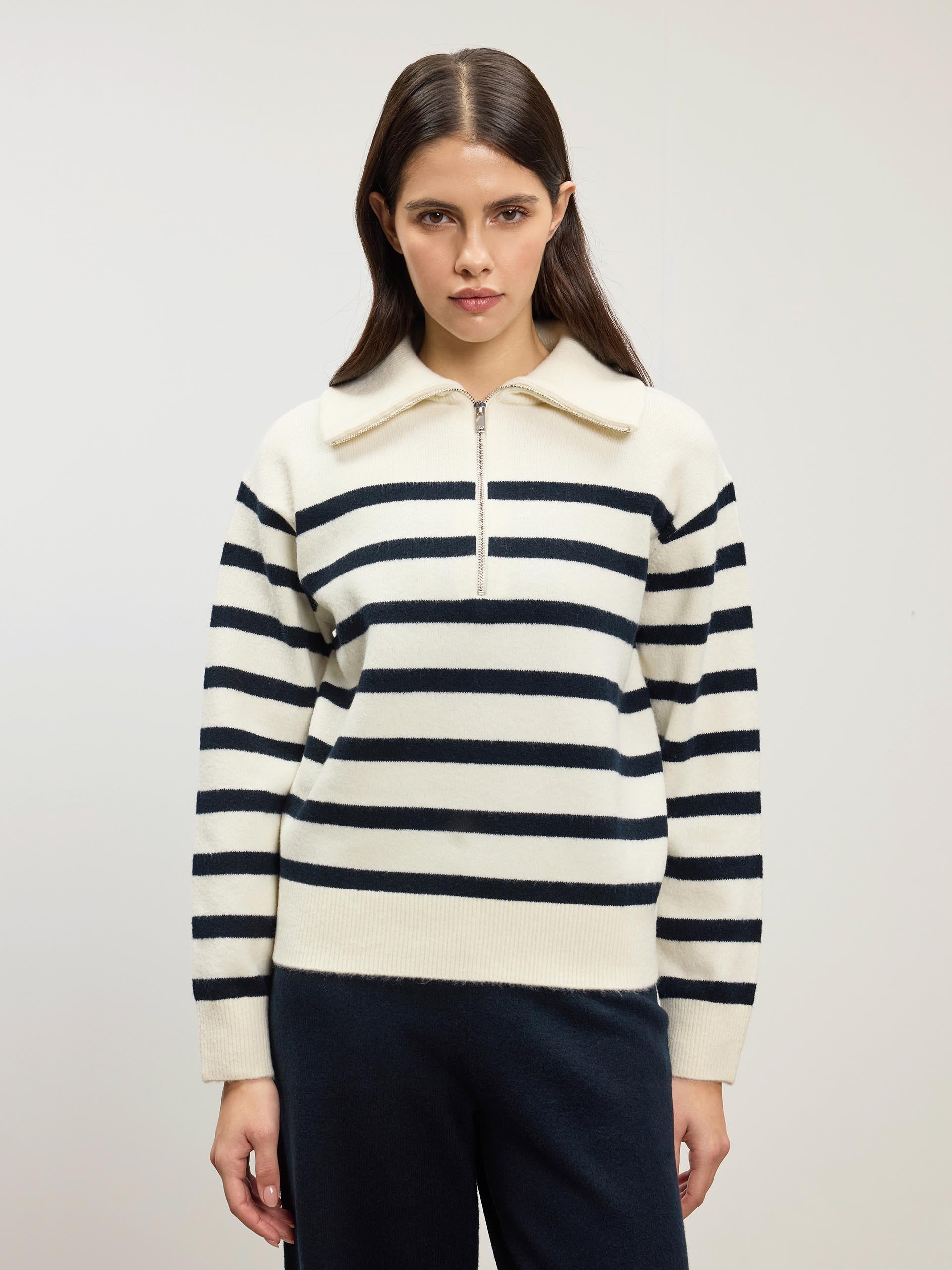 Womens Chunky Wool Stripe Half Zip in Off White Navy