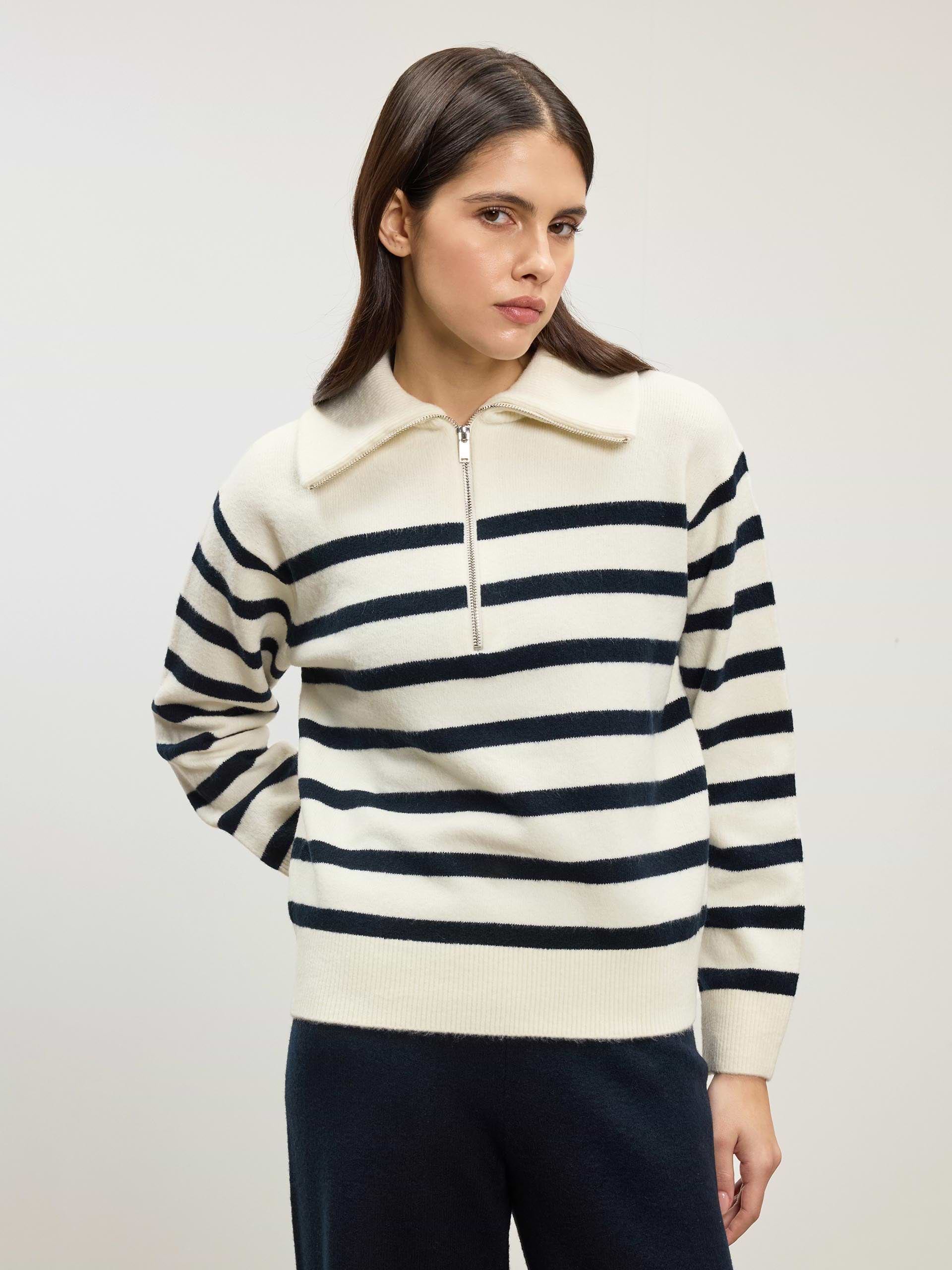 Womens Chunky Wool Stripe Half Zip in Off White Navy