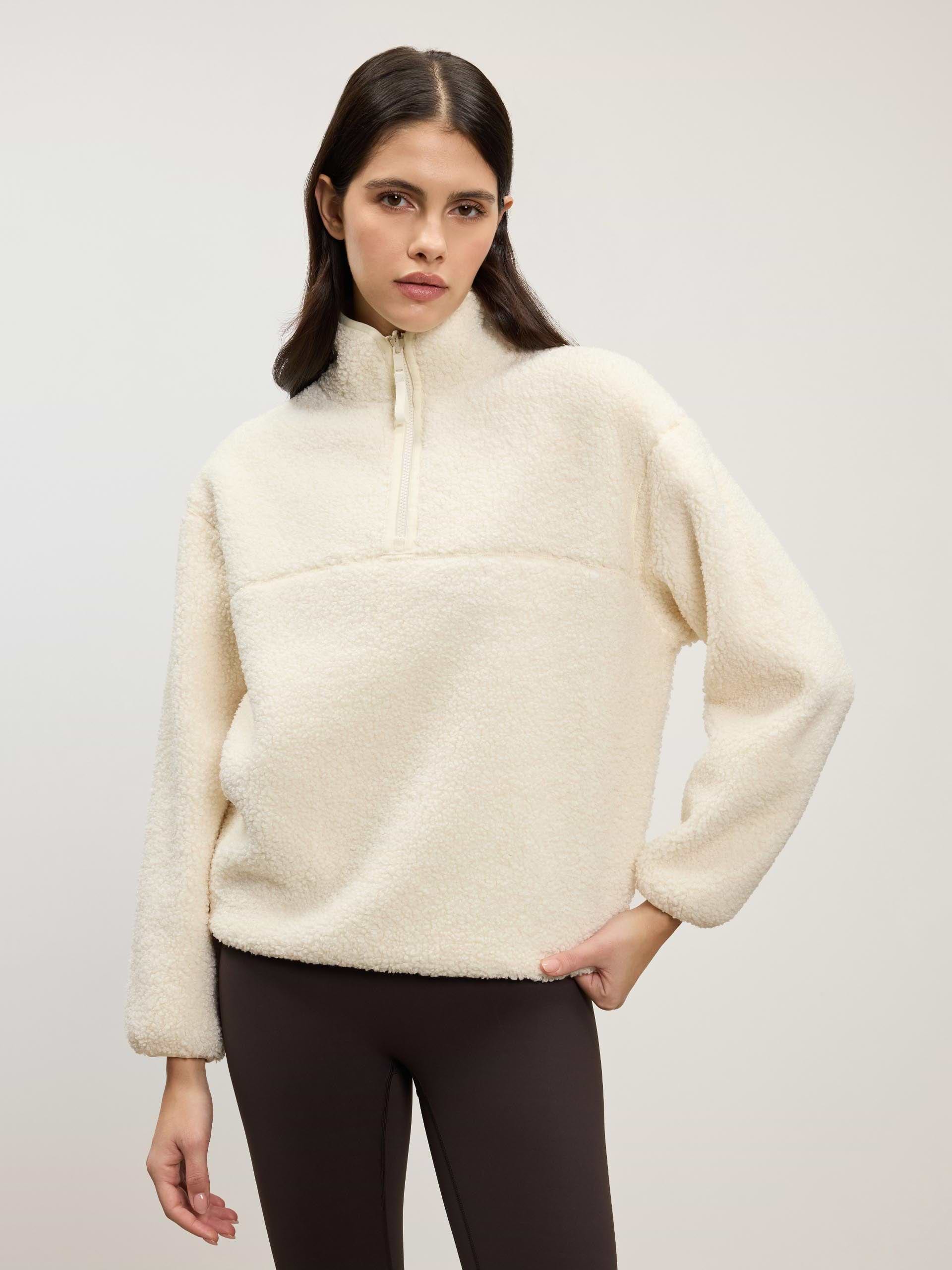 Womens Reversible Sherpa Fleece Half Zip in Ecru