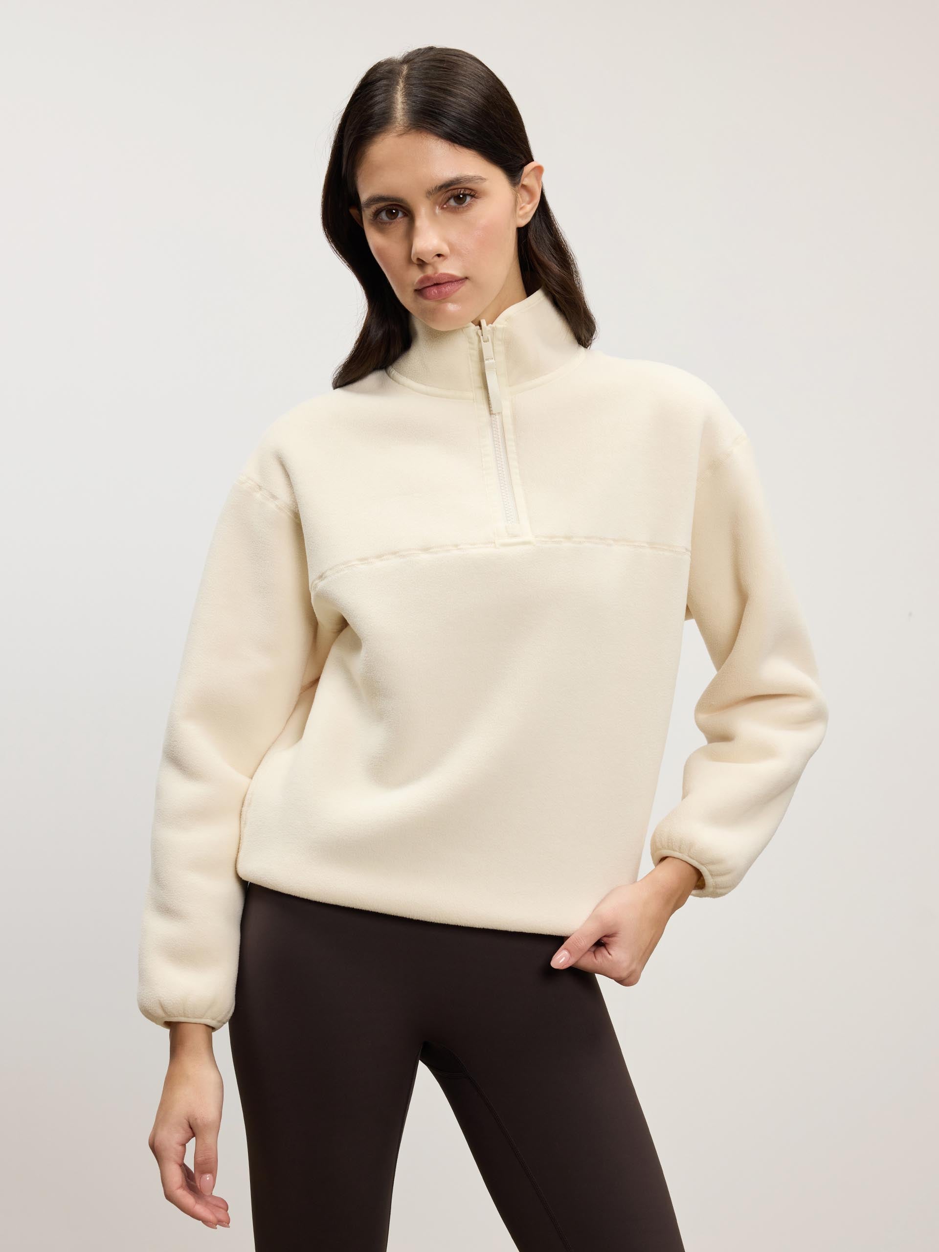 Womens Reversible Sherpa Fleece Half Zip in Ecru