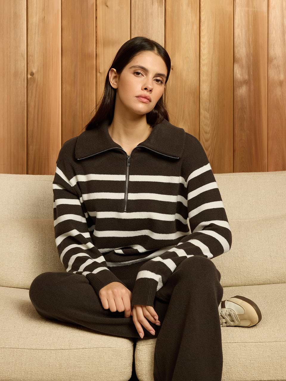 Womens Chunky Wool Stripe Half Zip in Brown White