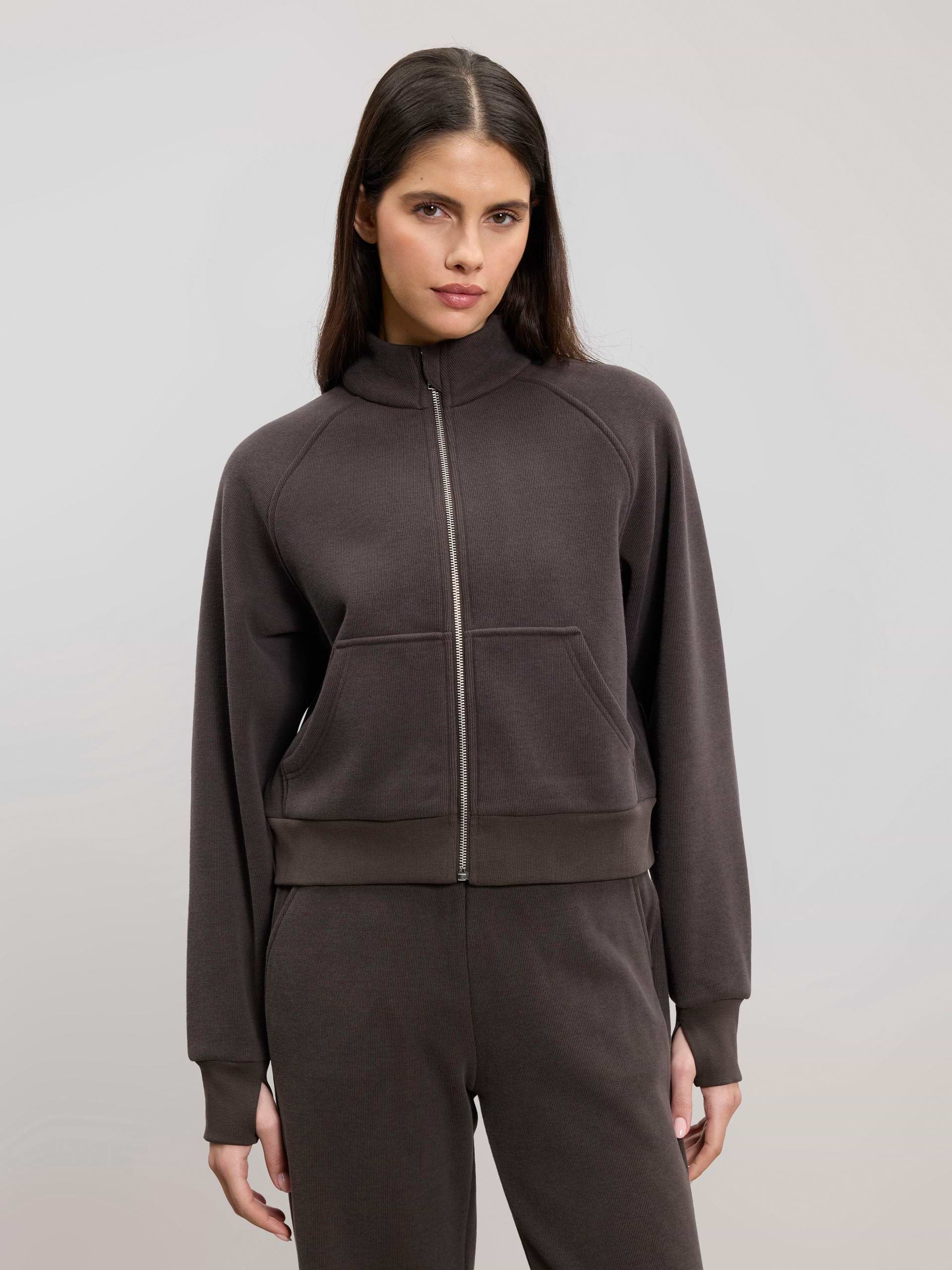 Womens Cosy Fleece Funnel Neck Jacket in Brown