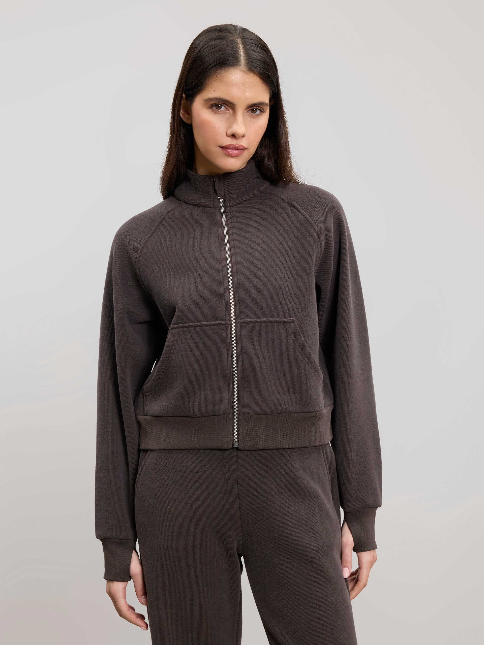 Womens Cosy Fleece Funnel Neck Jacket in Brown