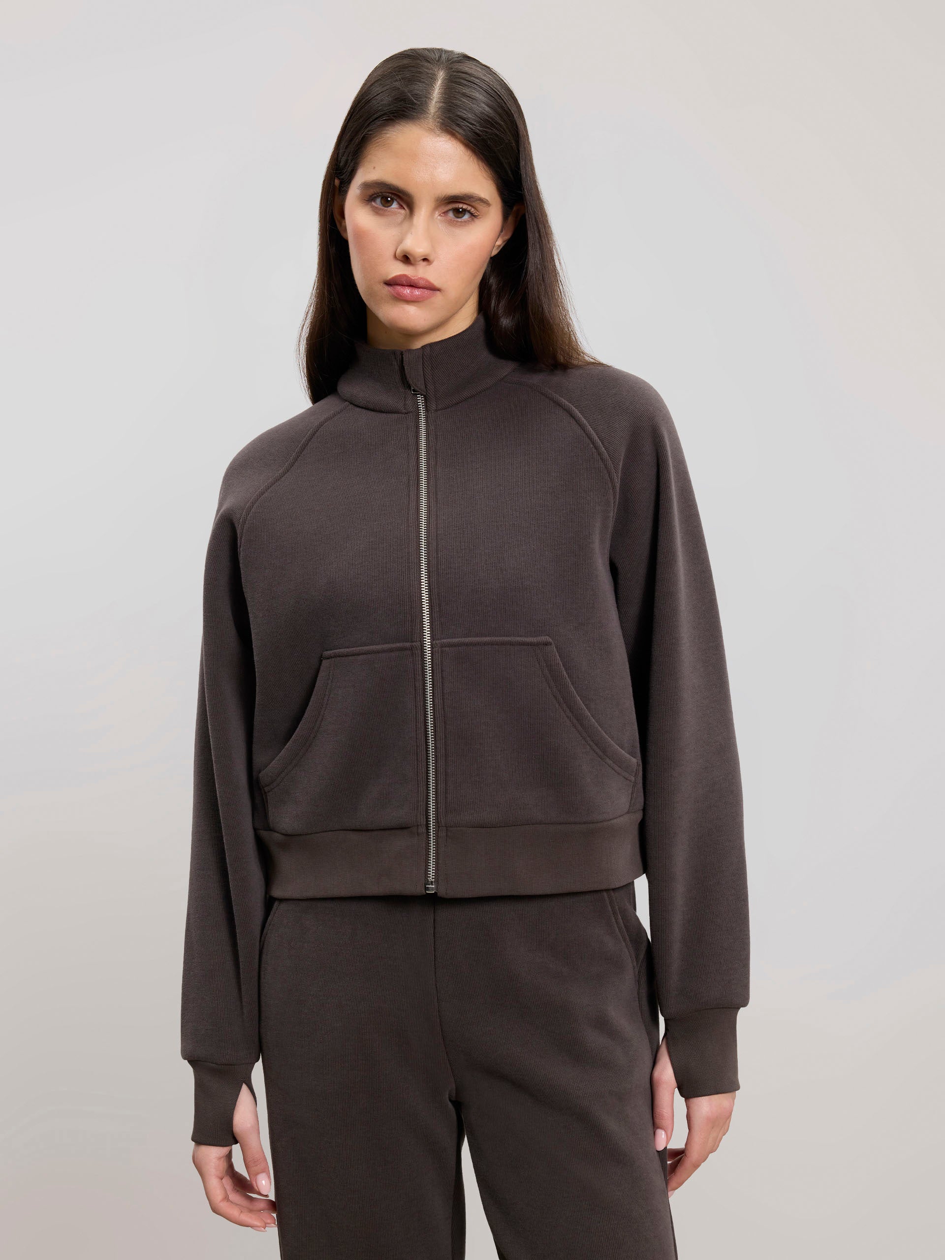 Womens Cosy Fleece Funnel Neck Jacket in Brown