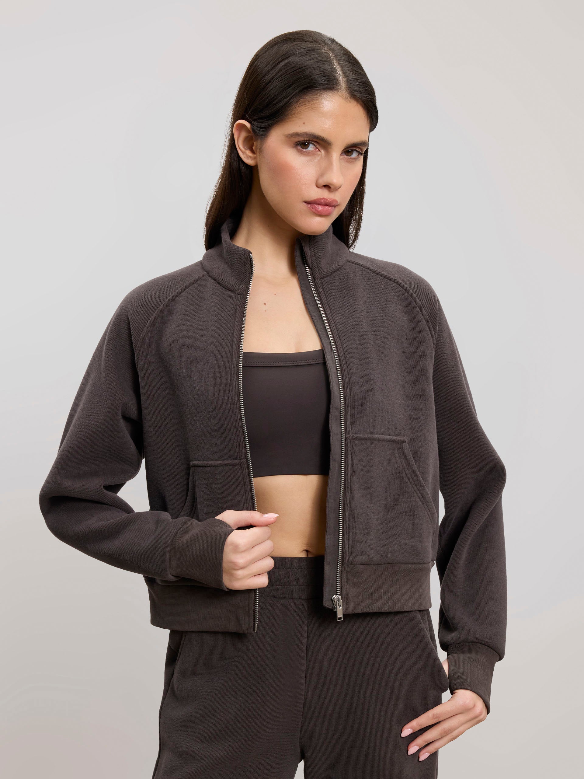 Womens Cosy Fleece Funnel Neck Jacket in Brown