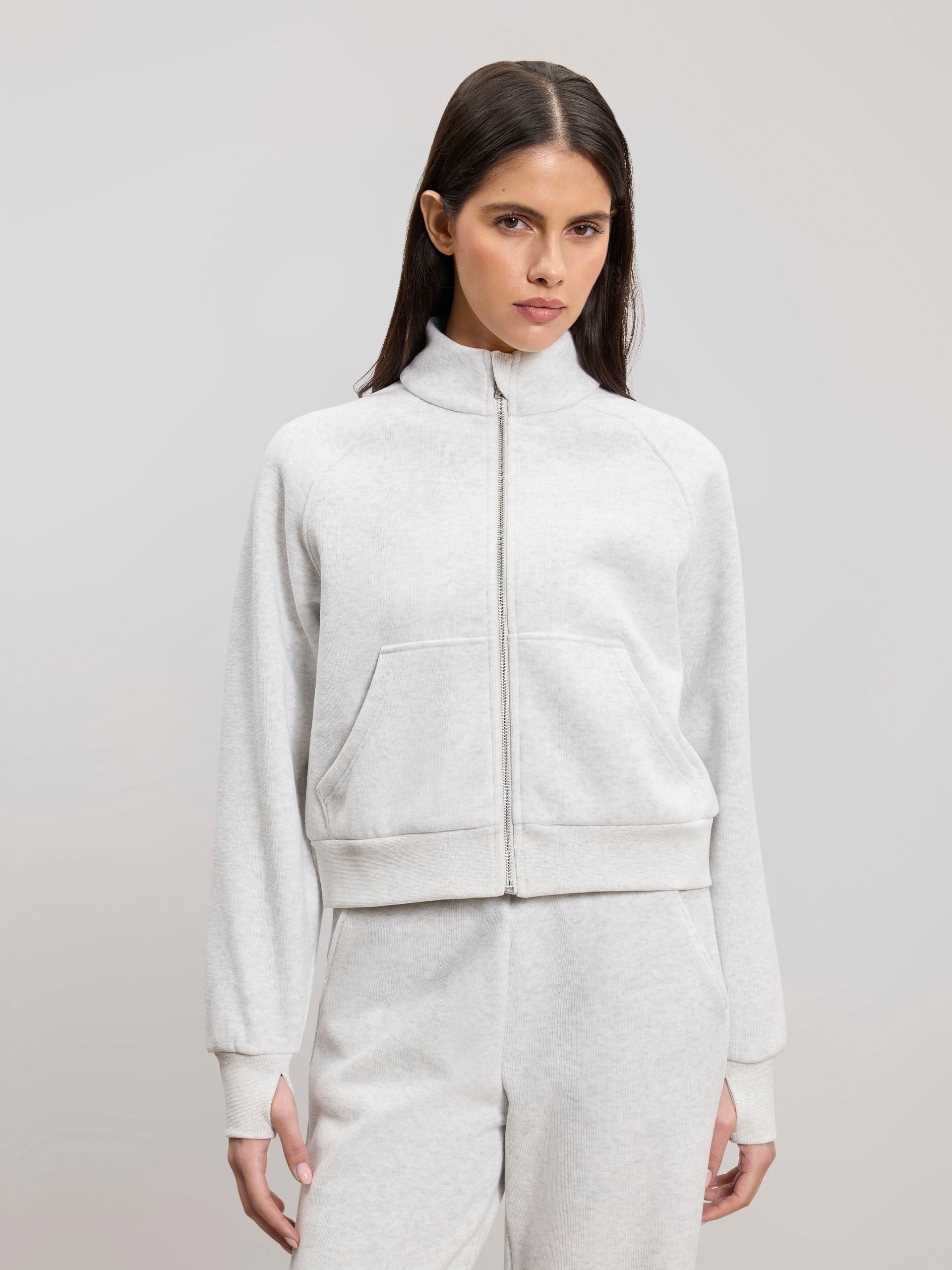 Womens Cosy Fleece Funnel Neck Jacket in Marl Grey