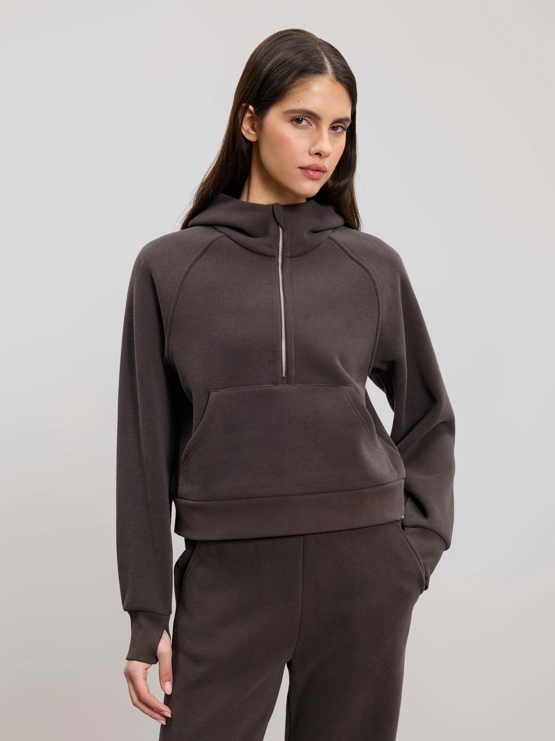 Womens Cosy Fleece Half Zip Hoodie in Brown